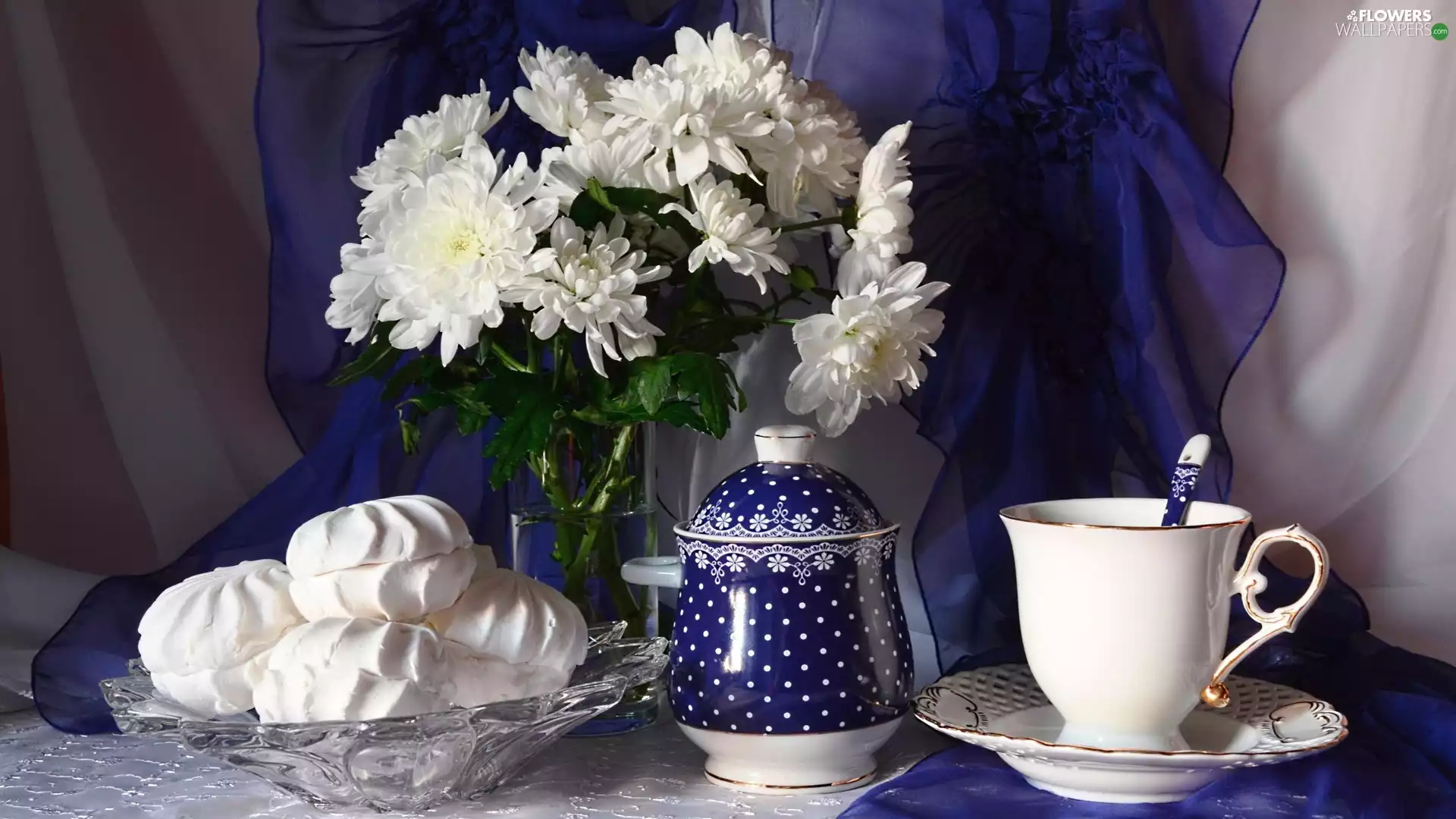 White, cup, meringues, Chrysanthemums