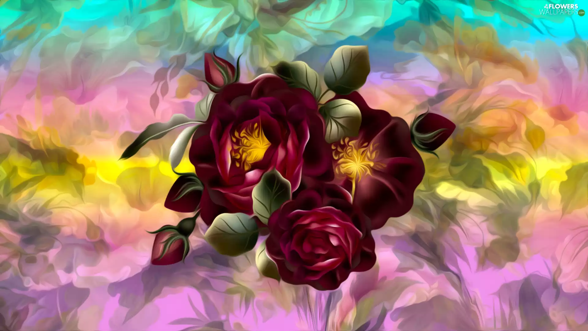 Flowers, roses, graphics, claret