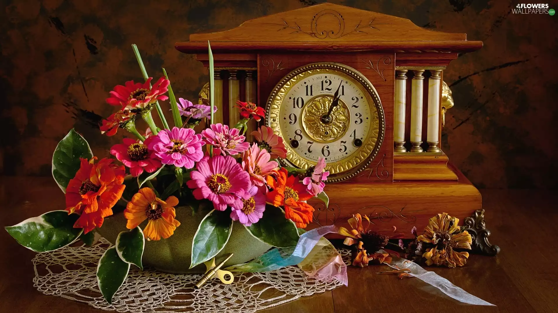 Zinnias, Clock, bouquet, Flowers, composition