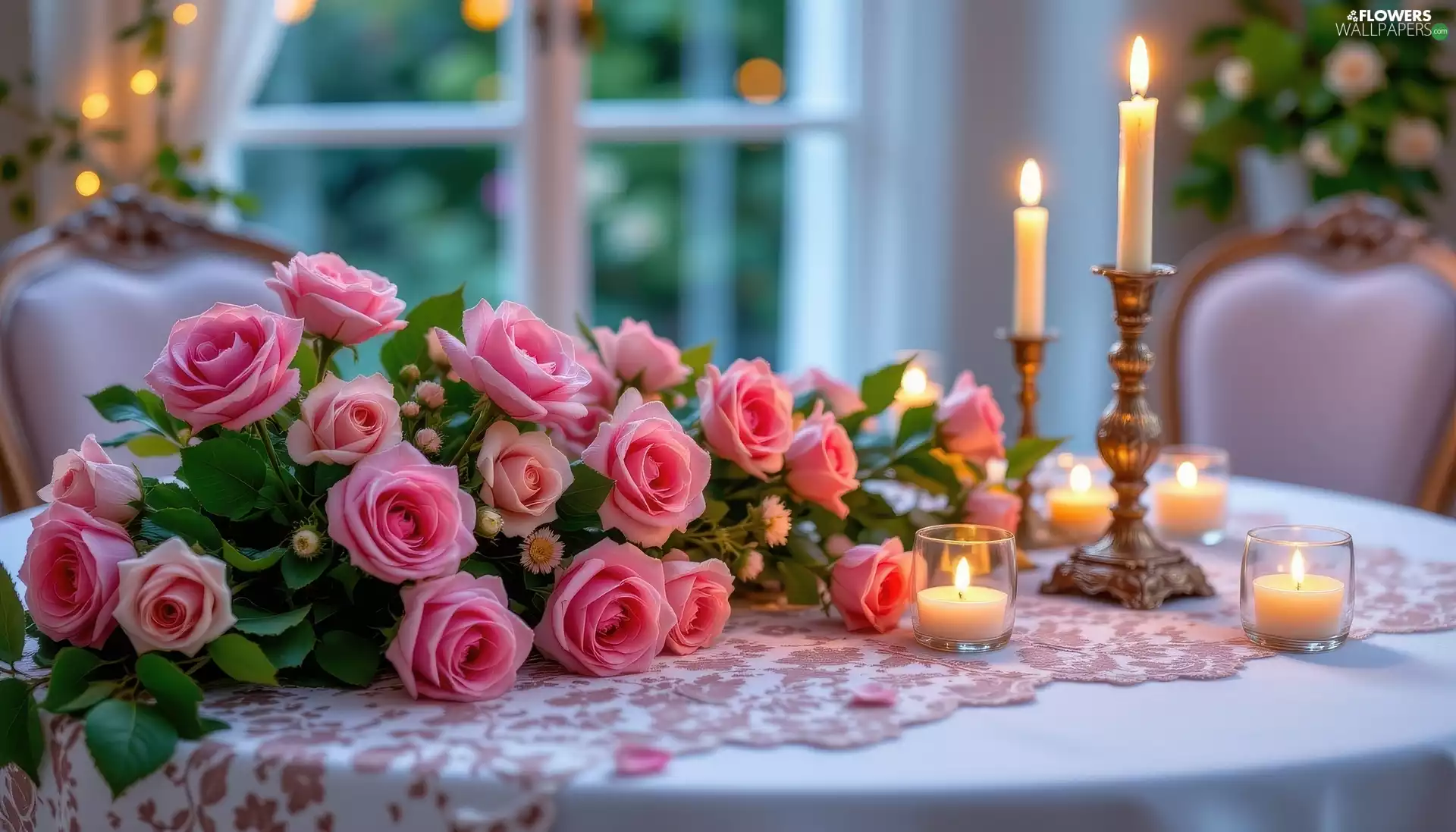 Table, Pink, candlesticks, cloth, Candles, roses
