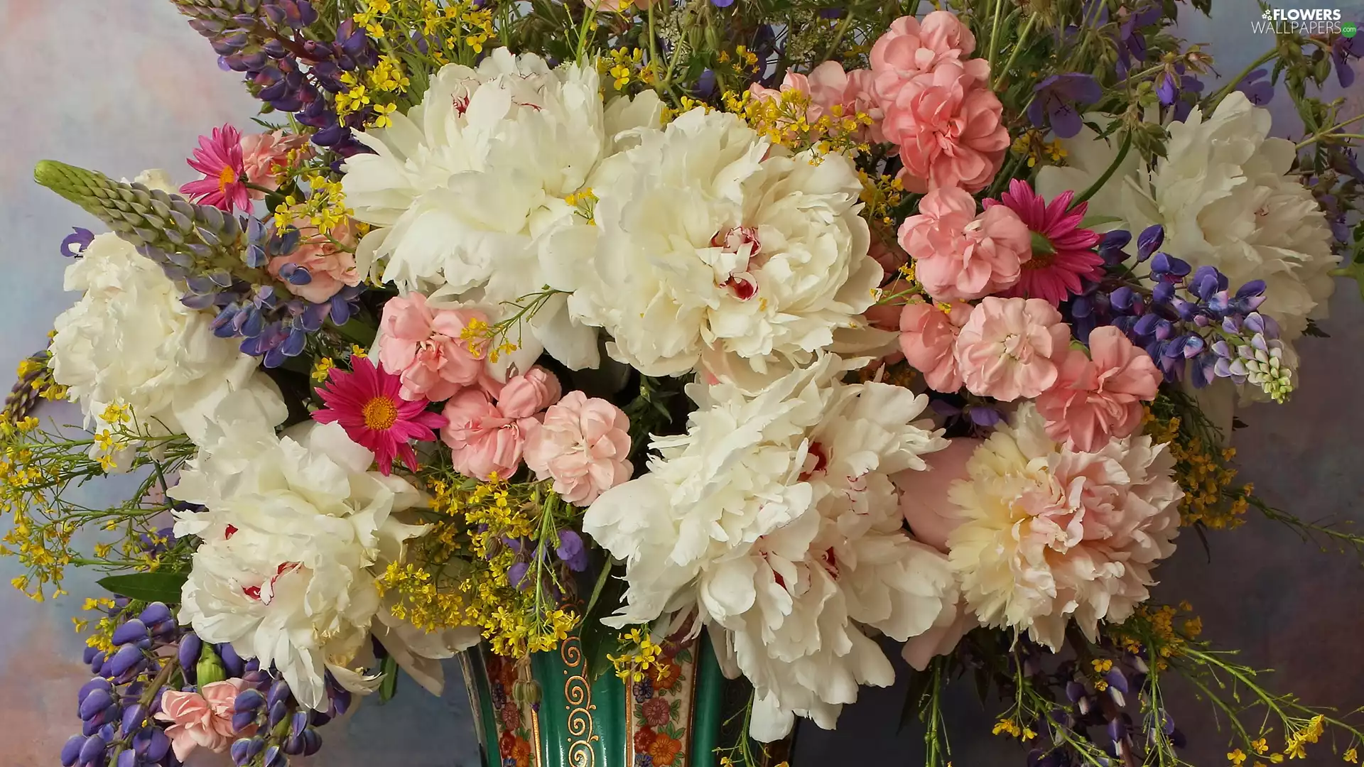 lupine, Peonies, Vase, cloves, Bouquet of Flowers