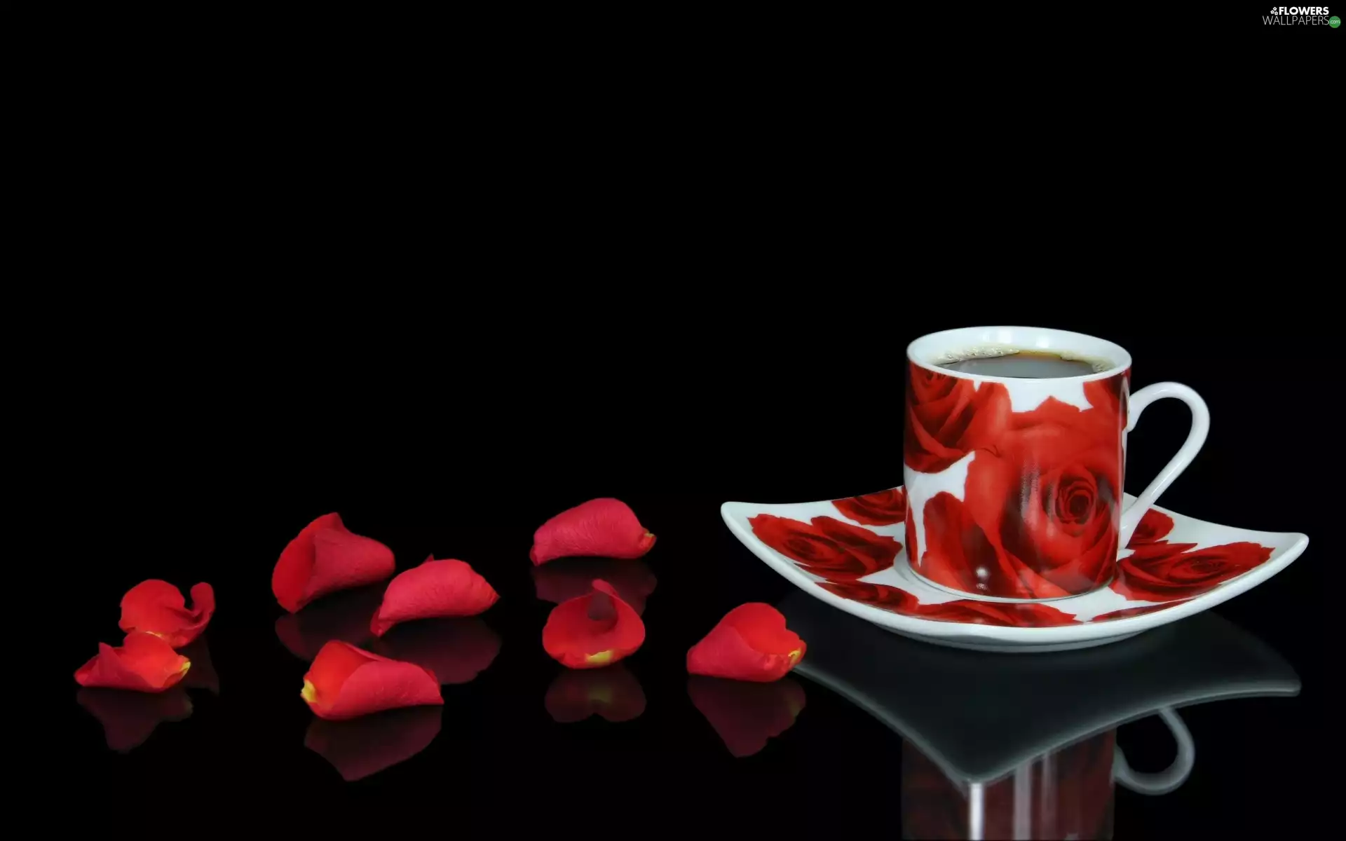 cup, roses, flakes, coffee