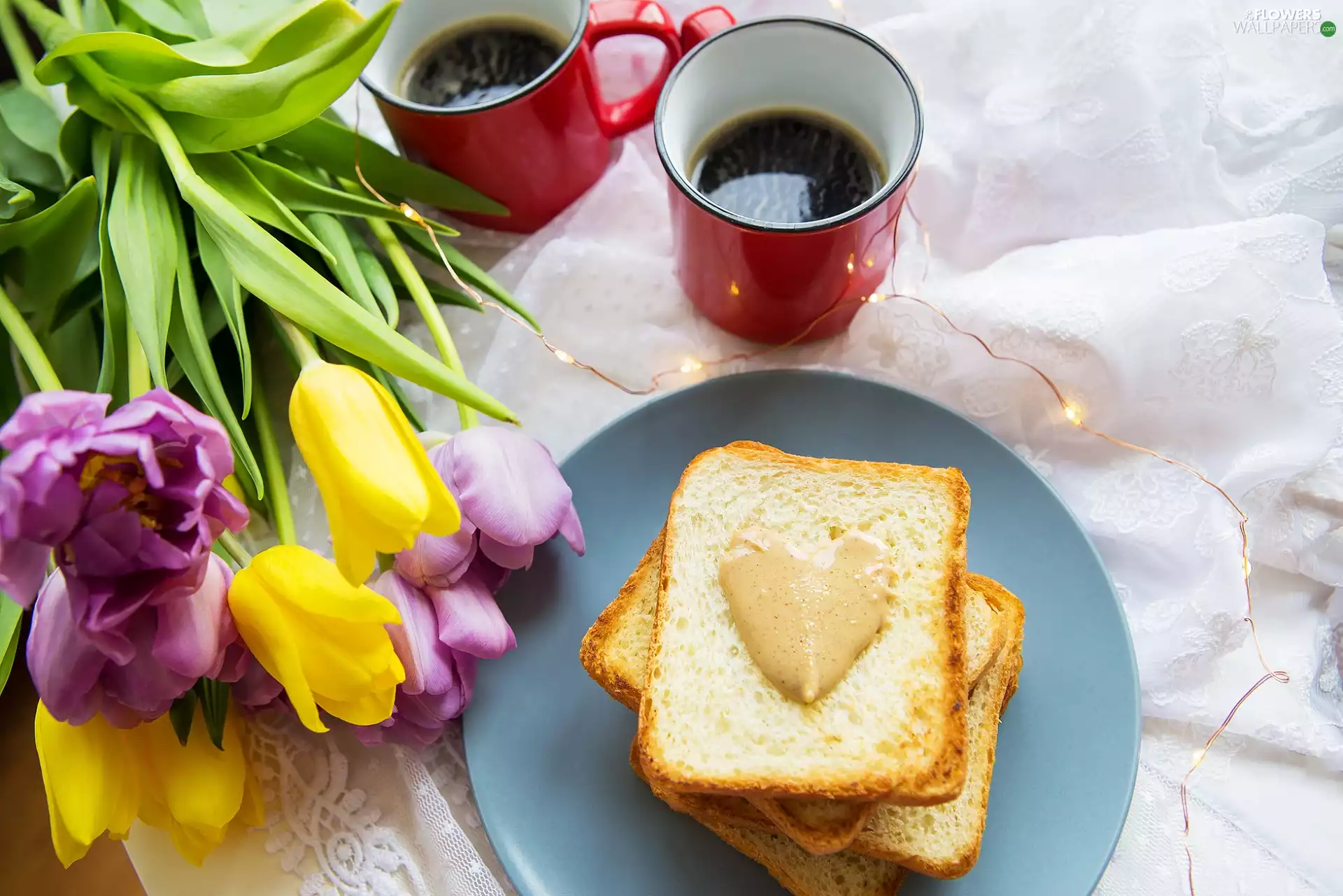toast, Tulips, cups, coffee, Two cars, plate