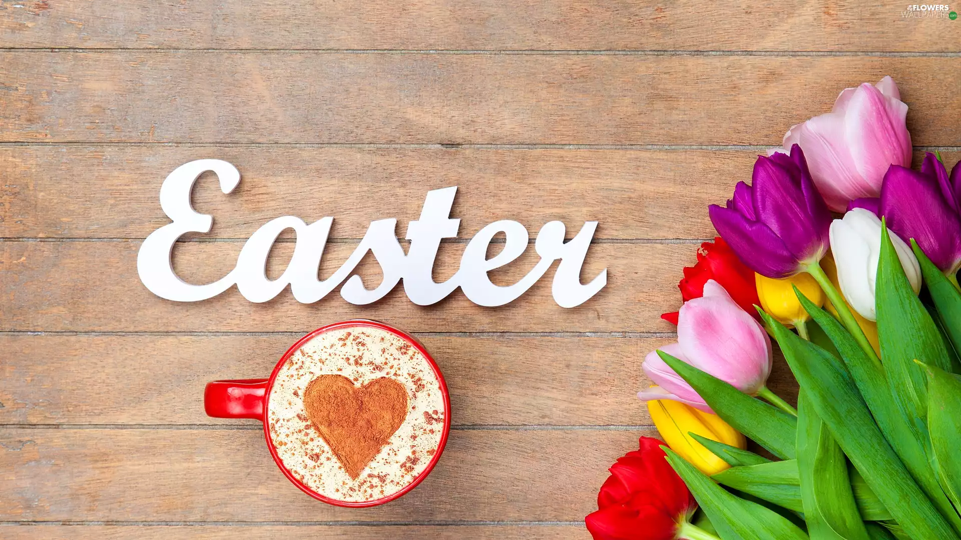 Heart, Cup, Easter, coffee, Tulips, text, Easter