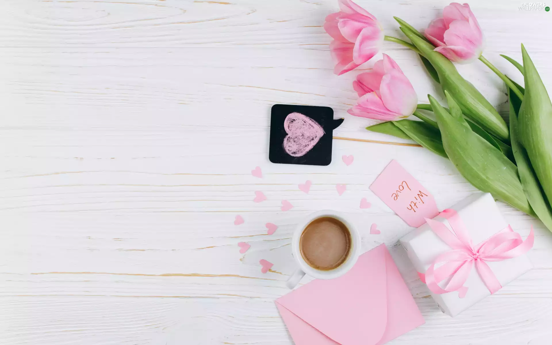 Present, Tulips, hearts, coffee, Flowers, envelope, boarding