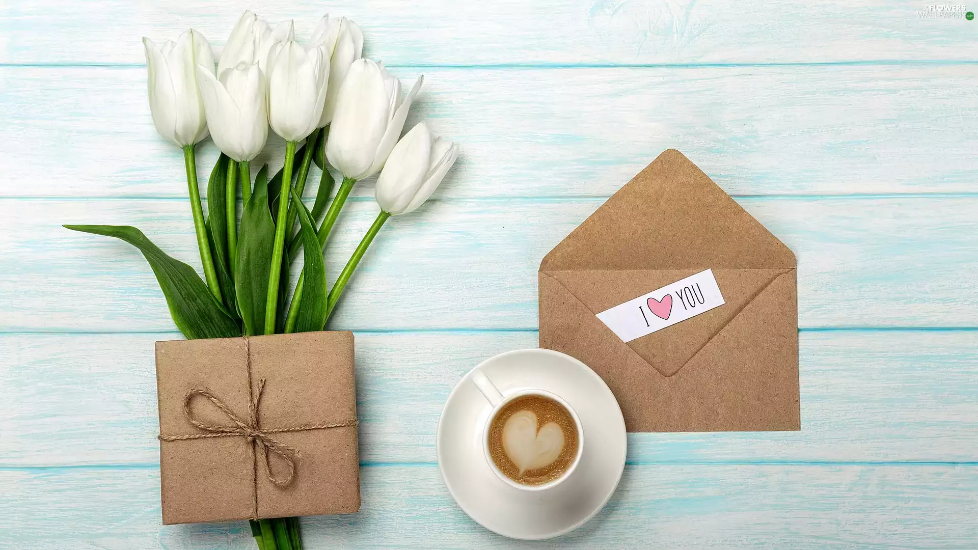 coffee, Tulips, text, Present, White, envelope, I love you