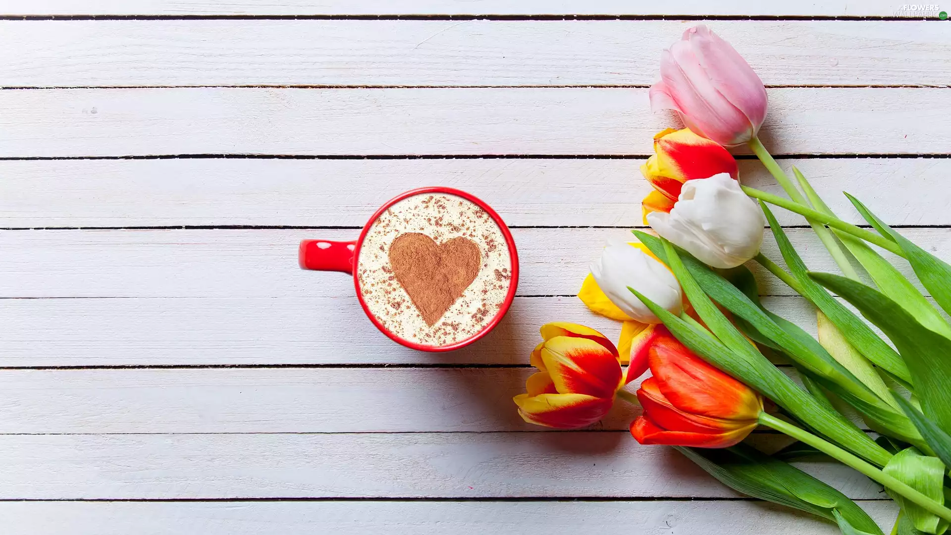 Cup, Tulips, mousse, coffee, color, Heart, boarding