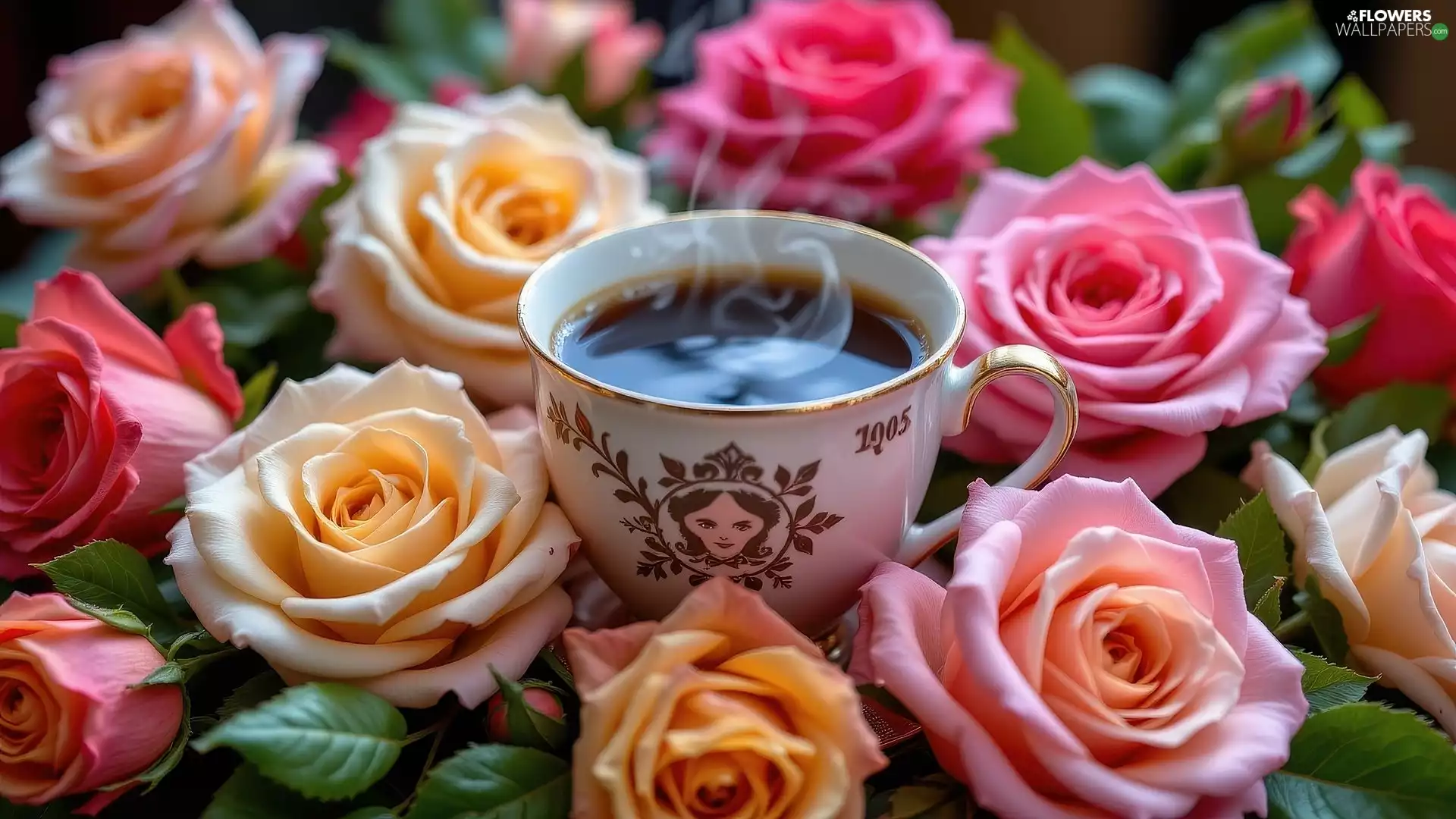 Steam, coffee, roses, cup, color