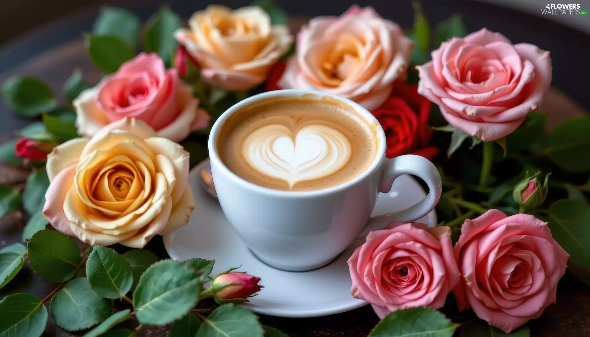 cappuccino, plate, Ai, Flowers, roses, coffee, cup, color