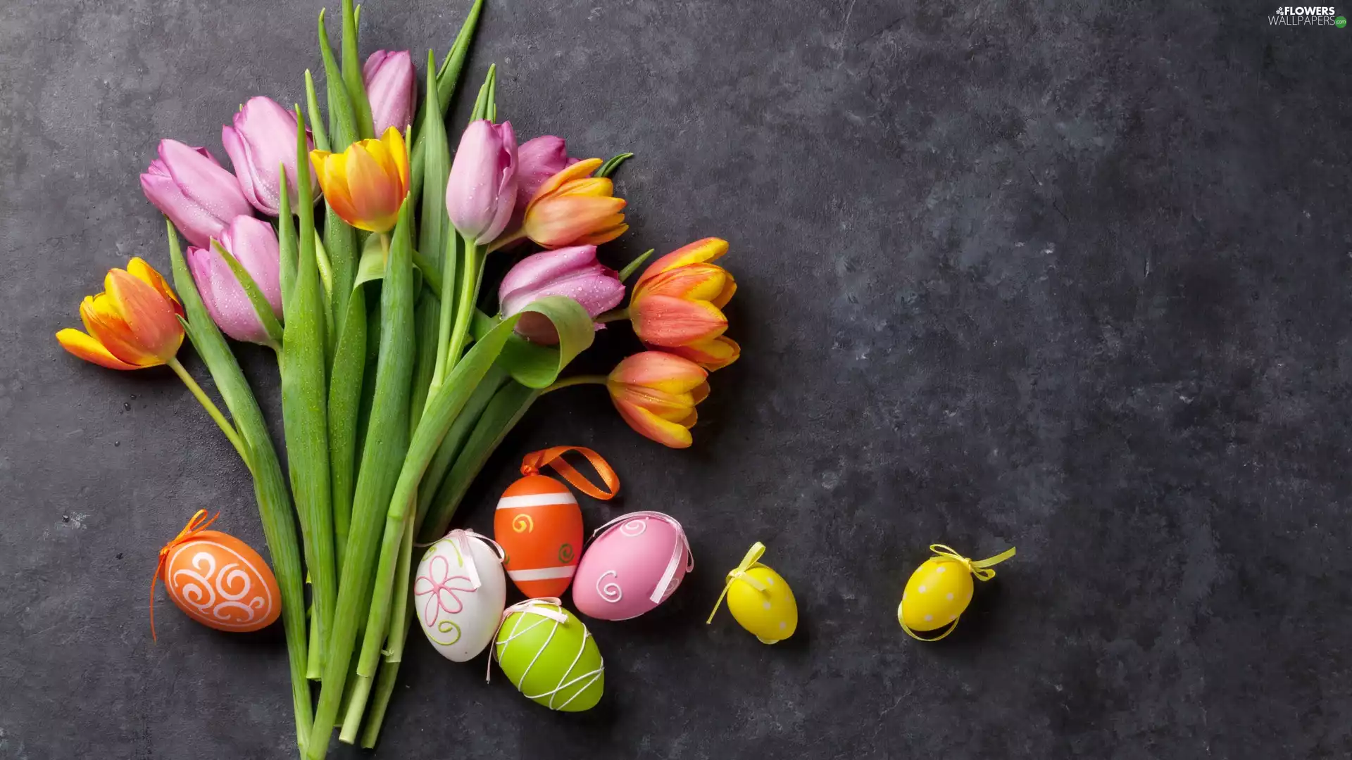 eggs, Grey Background, color, Tulips, Easter