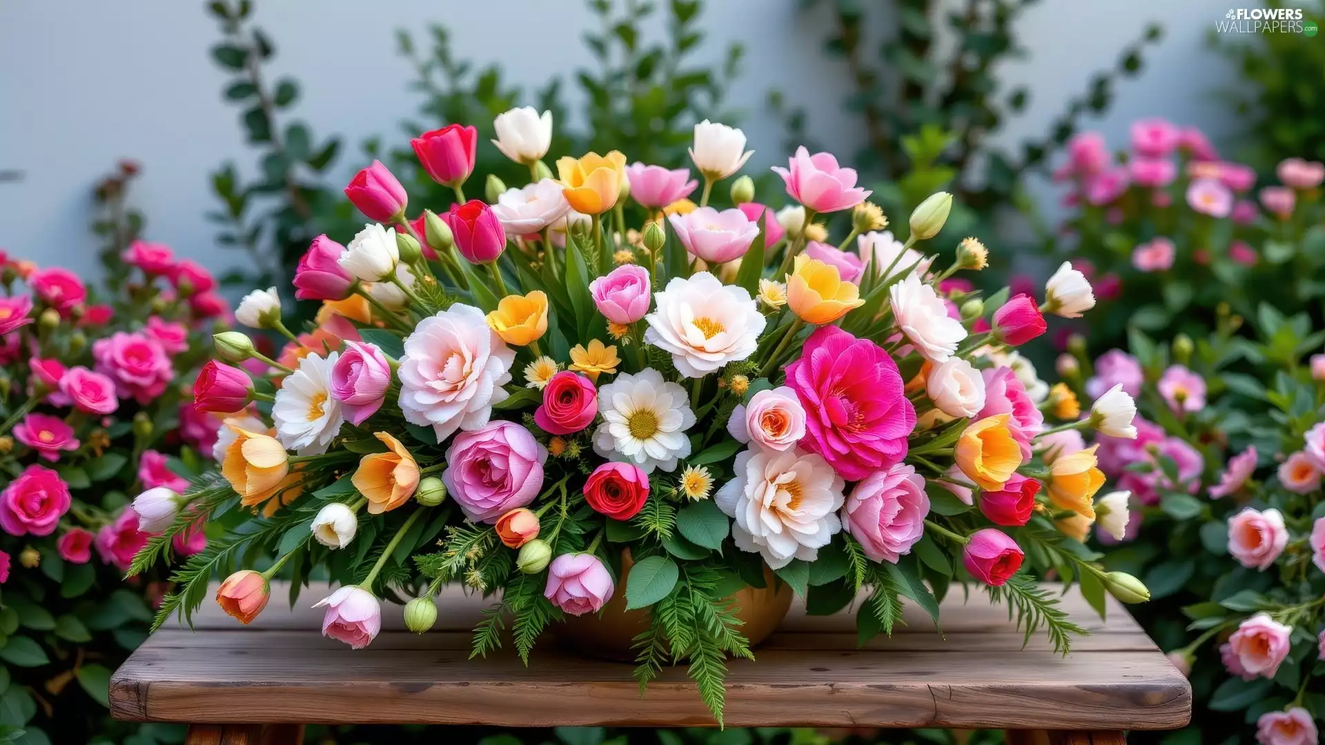 Table, Flowers, bouquet, color