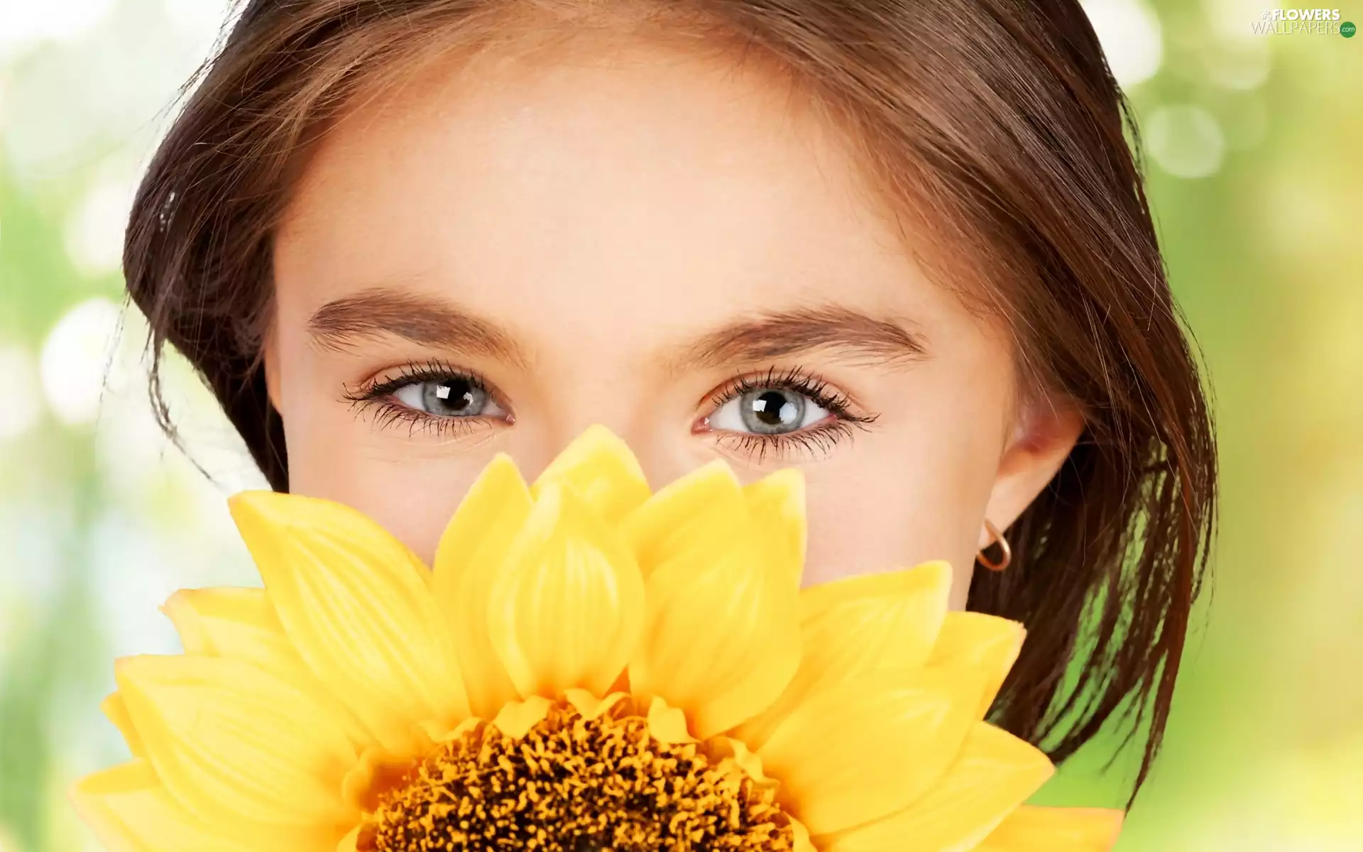 girl, Colourfull Flowers, Sunflower, Eyes