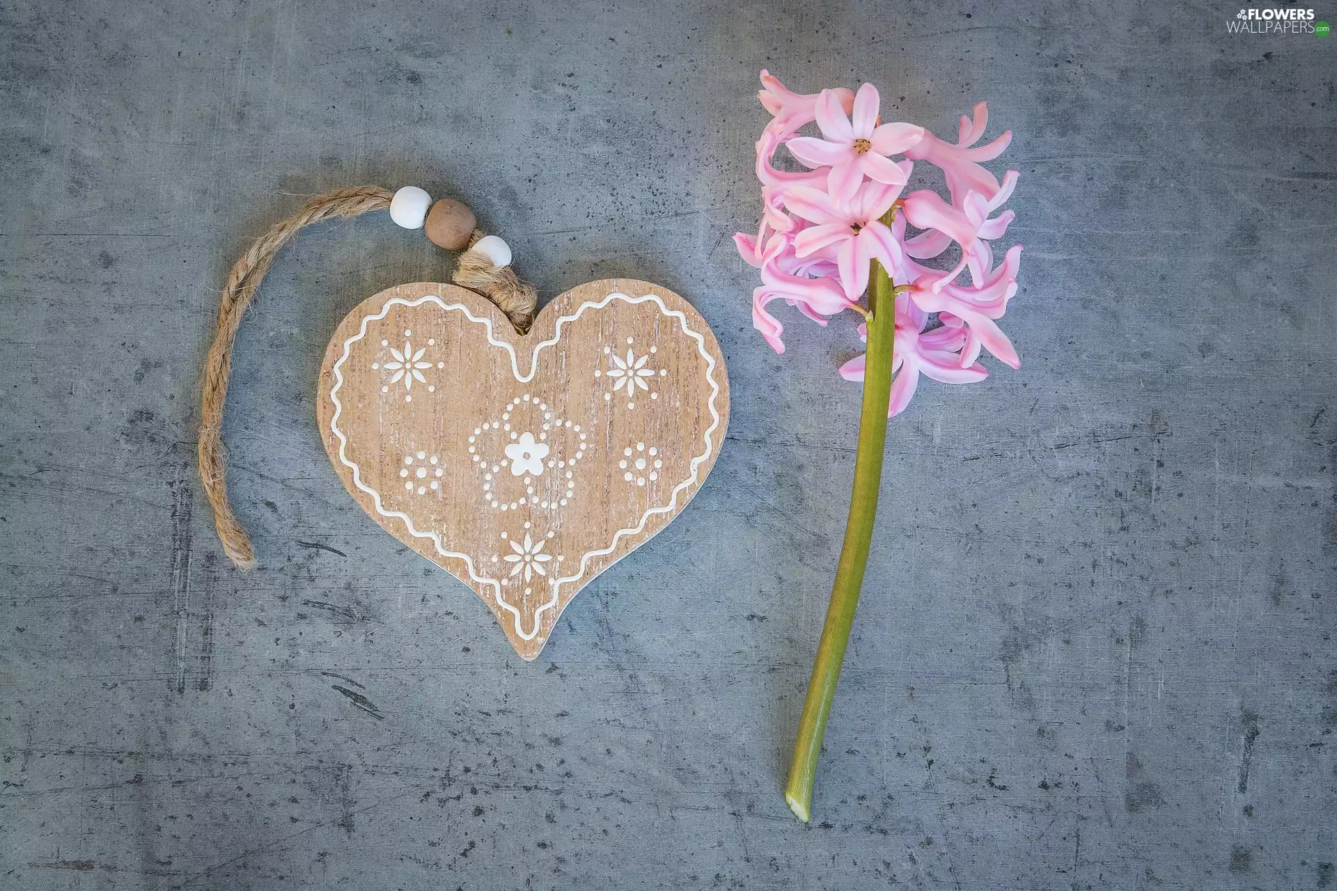 Colourfull Flowers, wood, hyacinth, Heart, Pendant, Pink, Grey Background