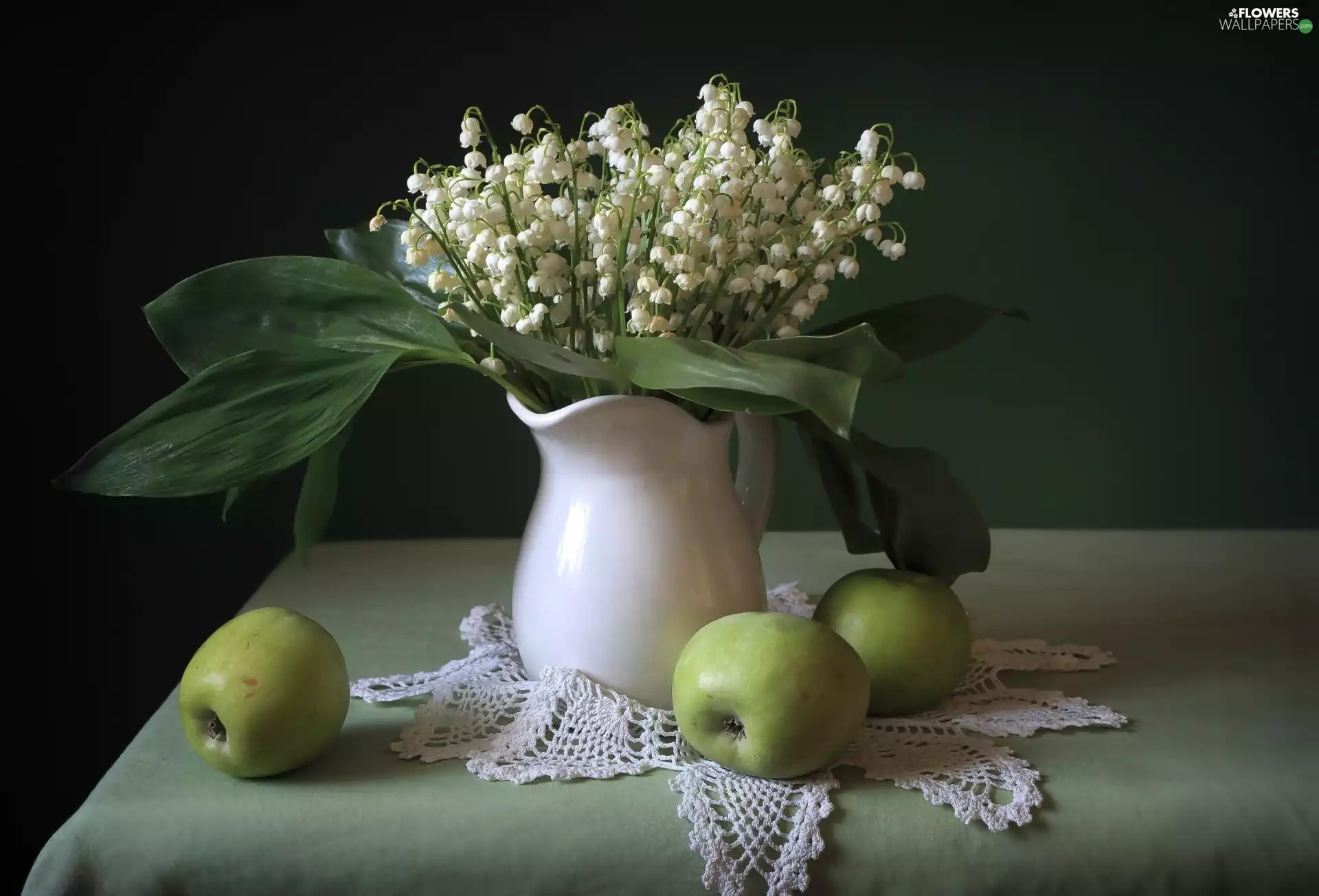 jug, apples, bouquet, Lily of the Valley, composition
