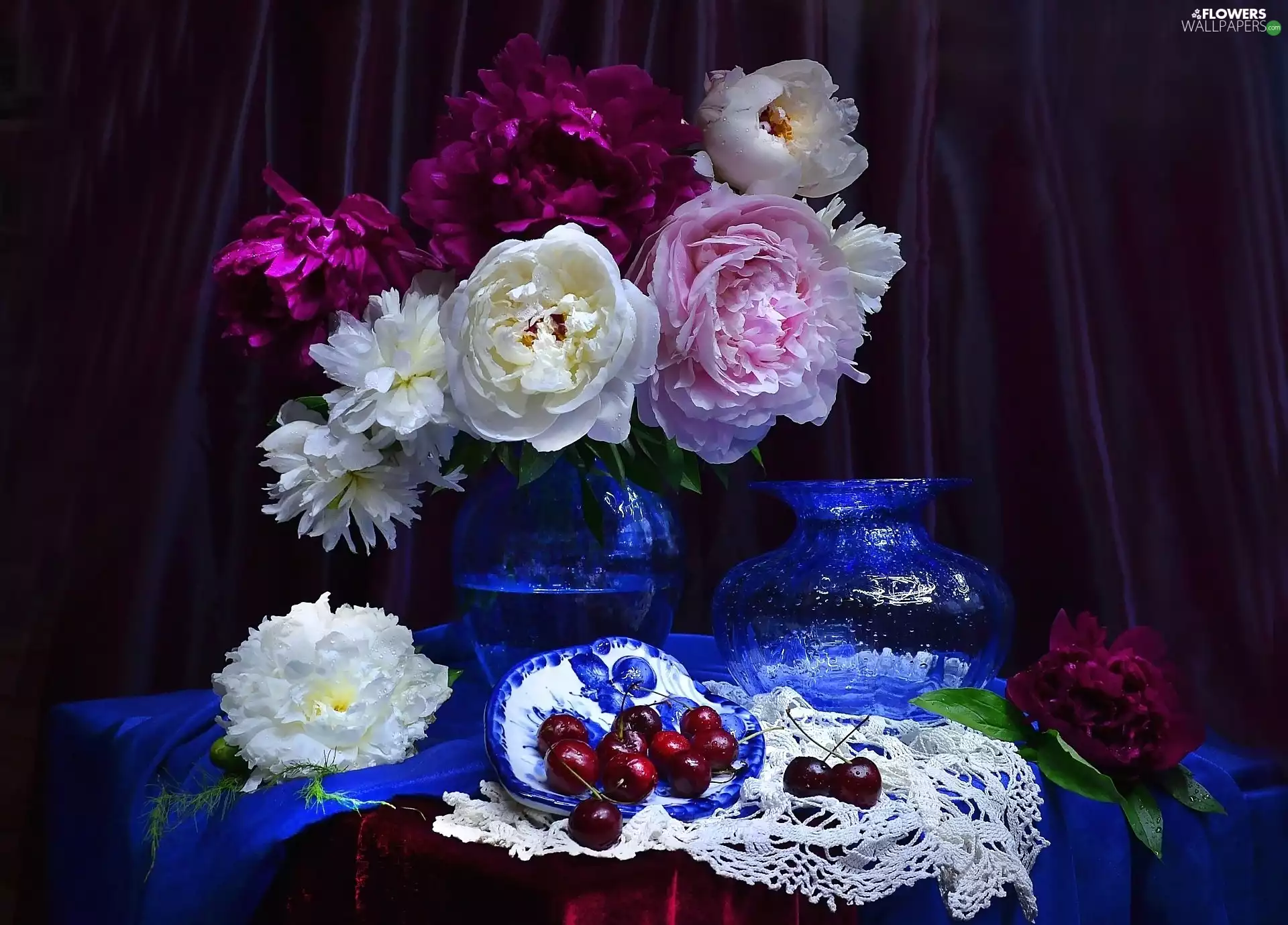 glass, composition, bouquet, Blue, Peonies