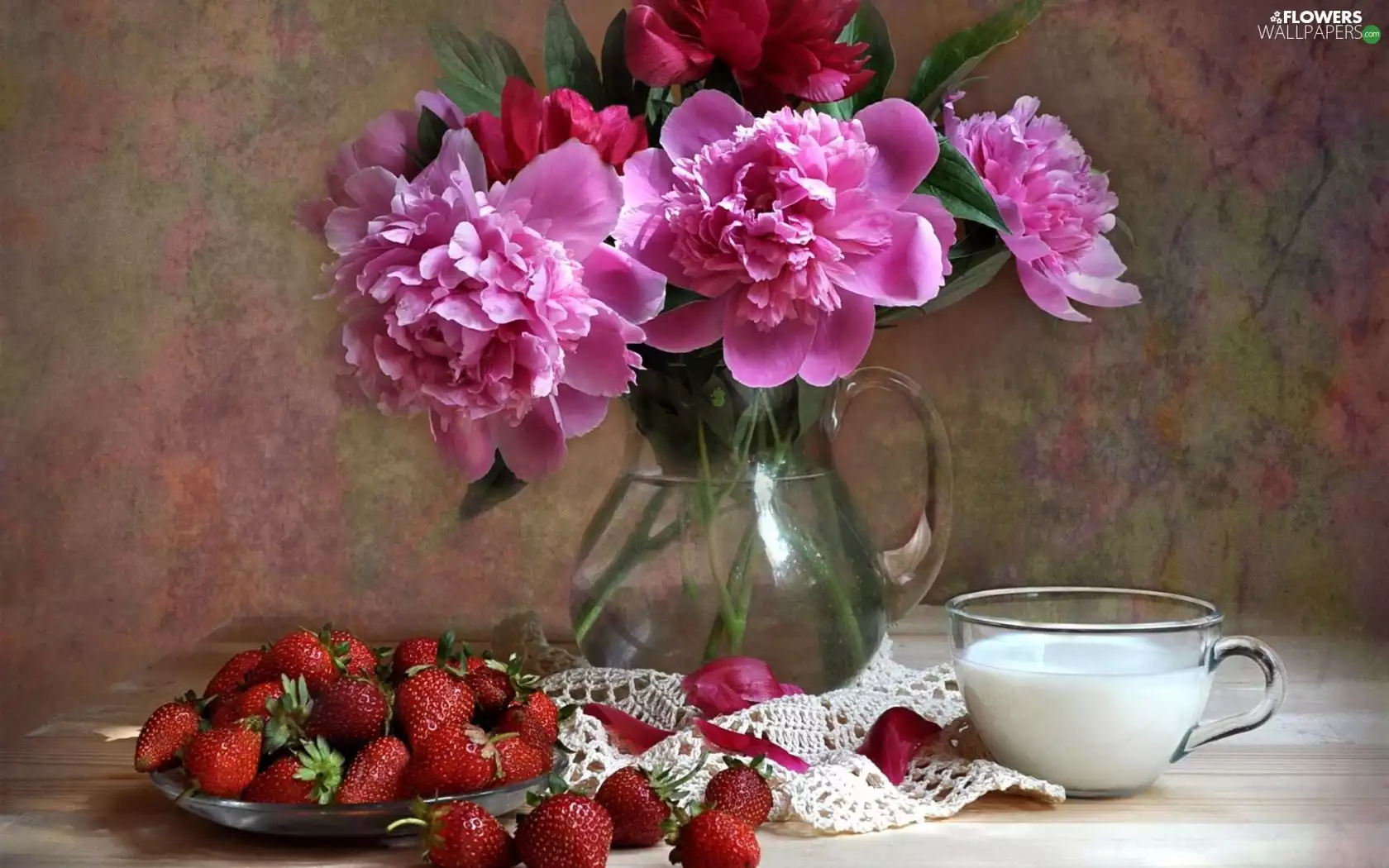 milk, composition, bouquet, strawberries, Peonies