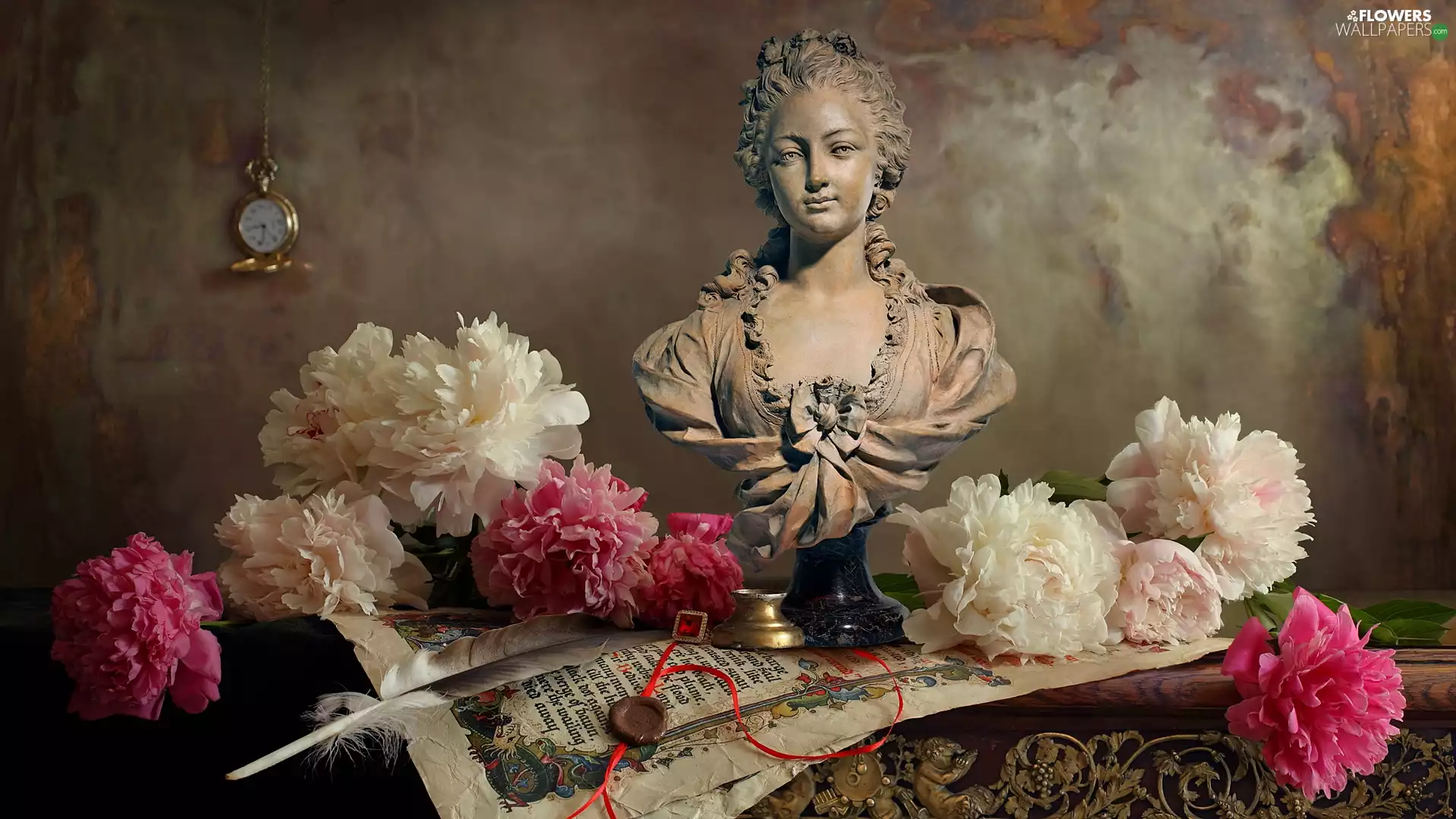 table, composition, bust, Watch, Peonies