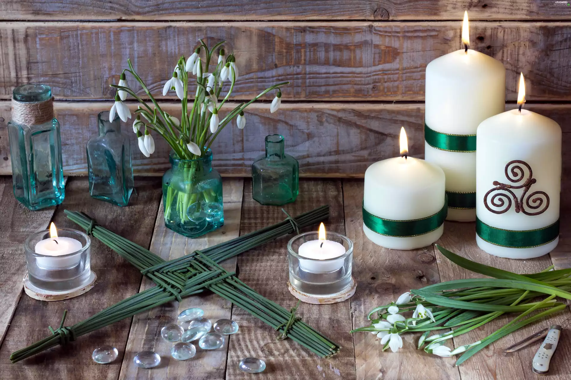 composition, snowdrops, Candles