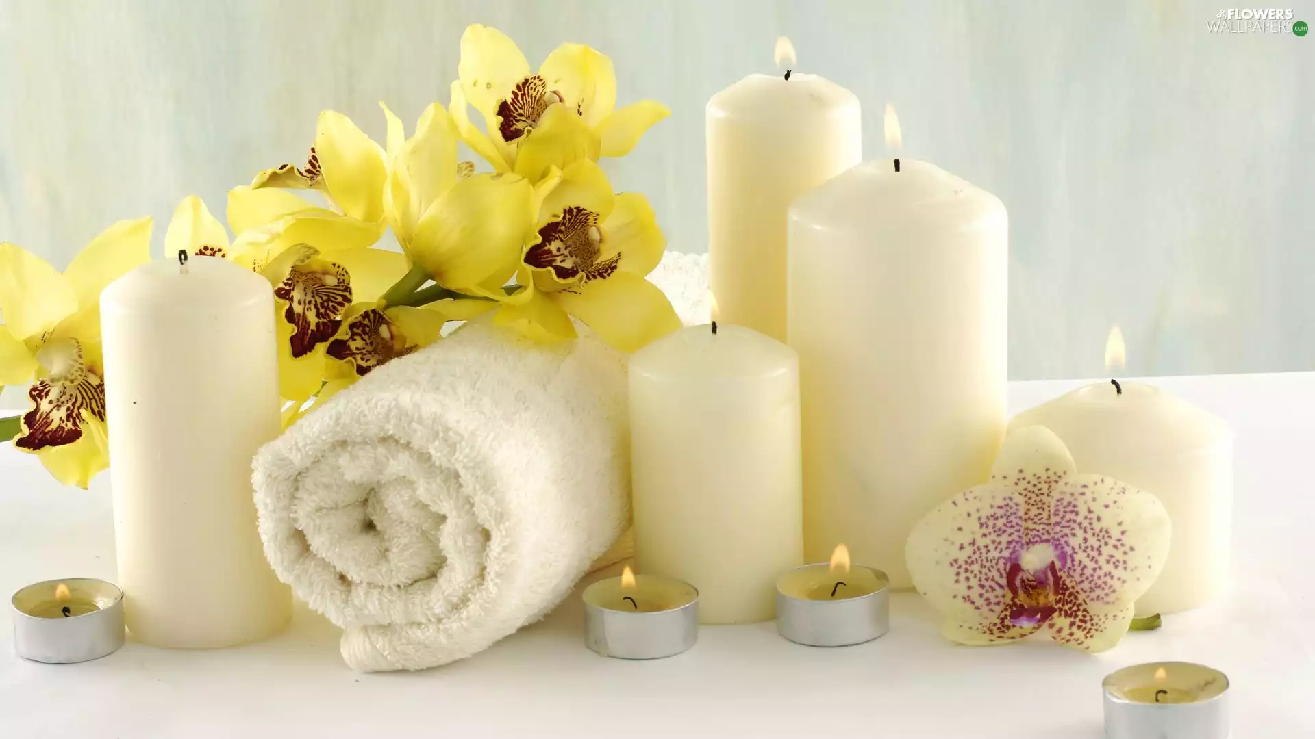 Towel, composition, candles, orchids, Spa