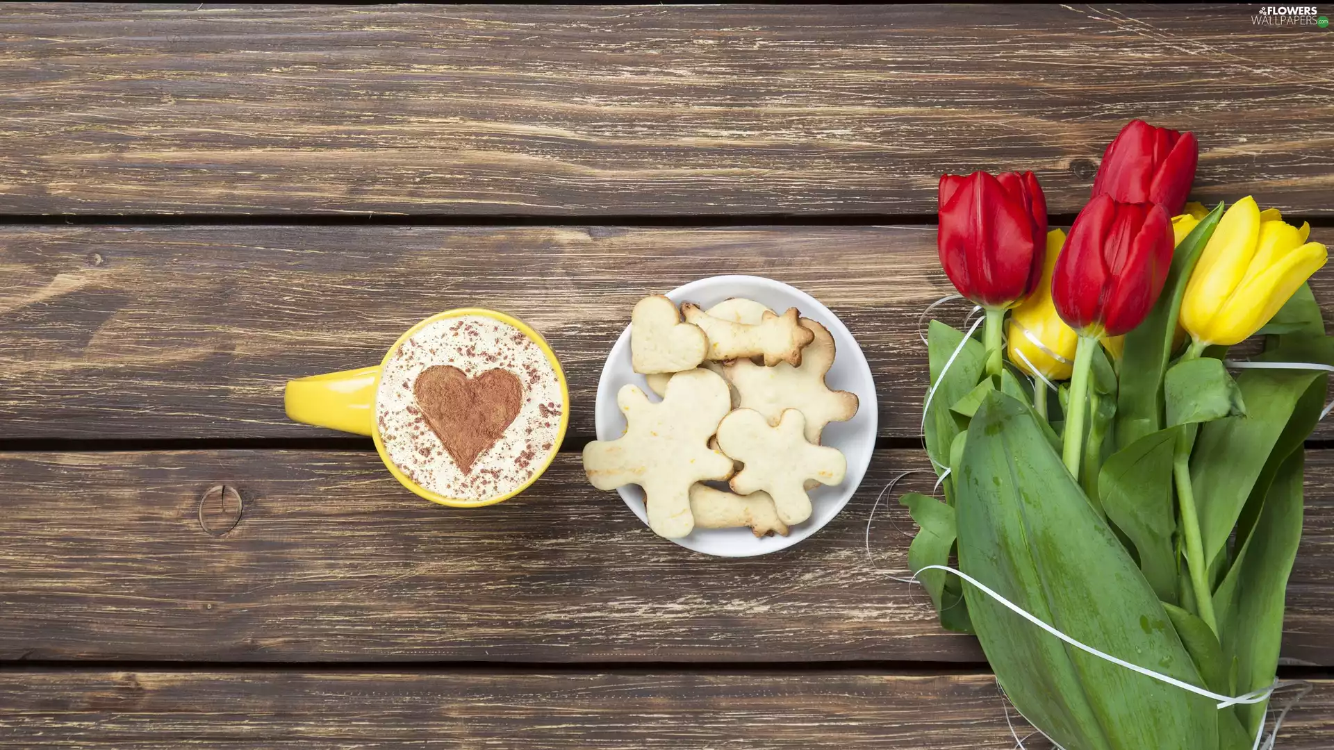 boarding, composition, coffee, Cookies, Tulips