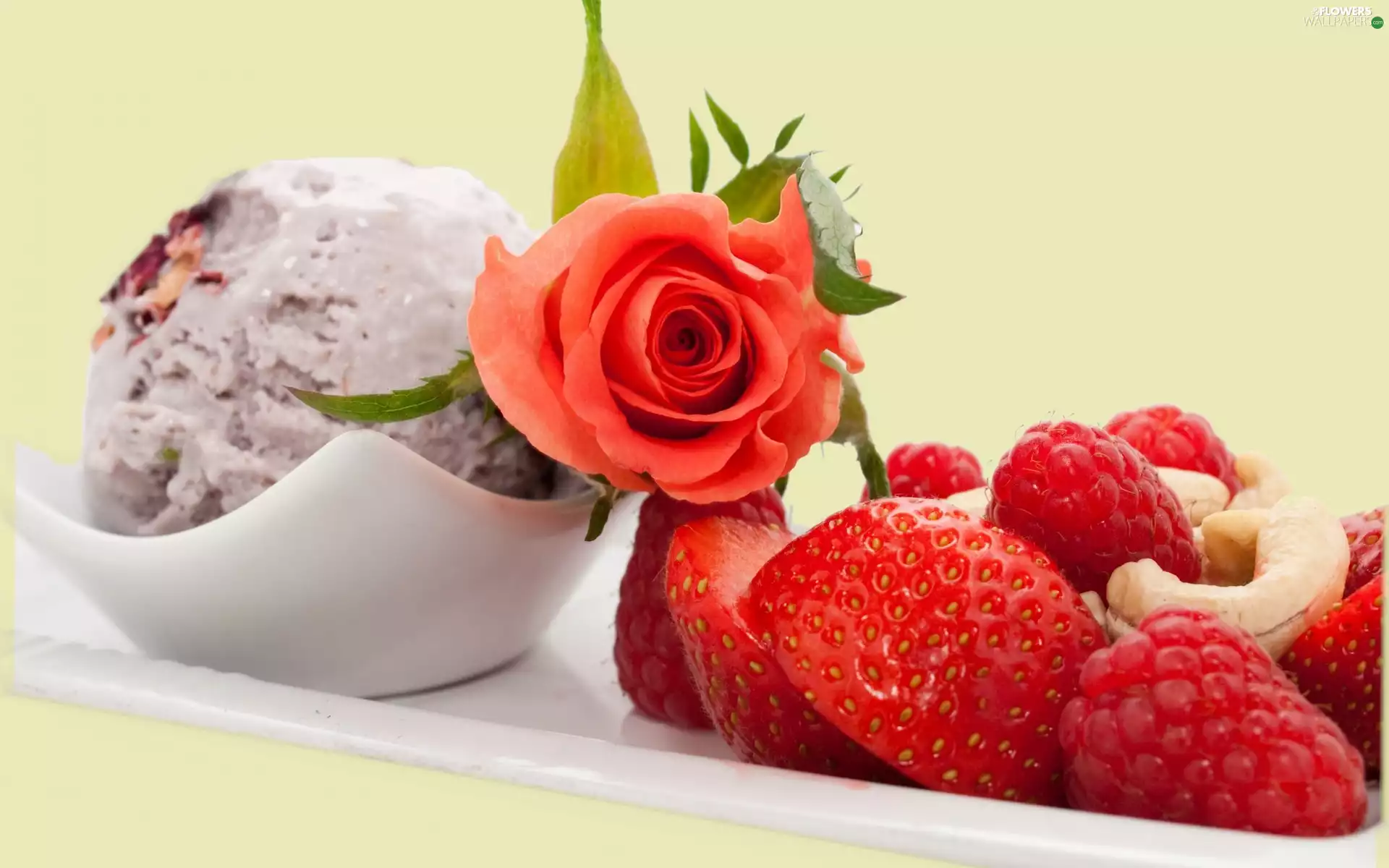 ice cream, rose, composition, Fruits