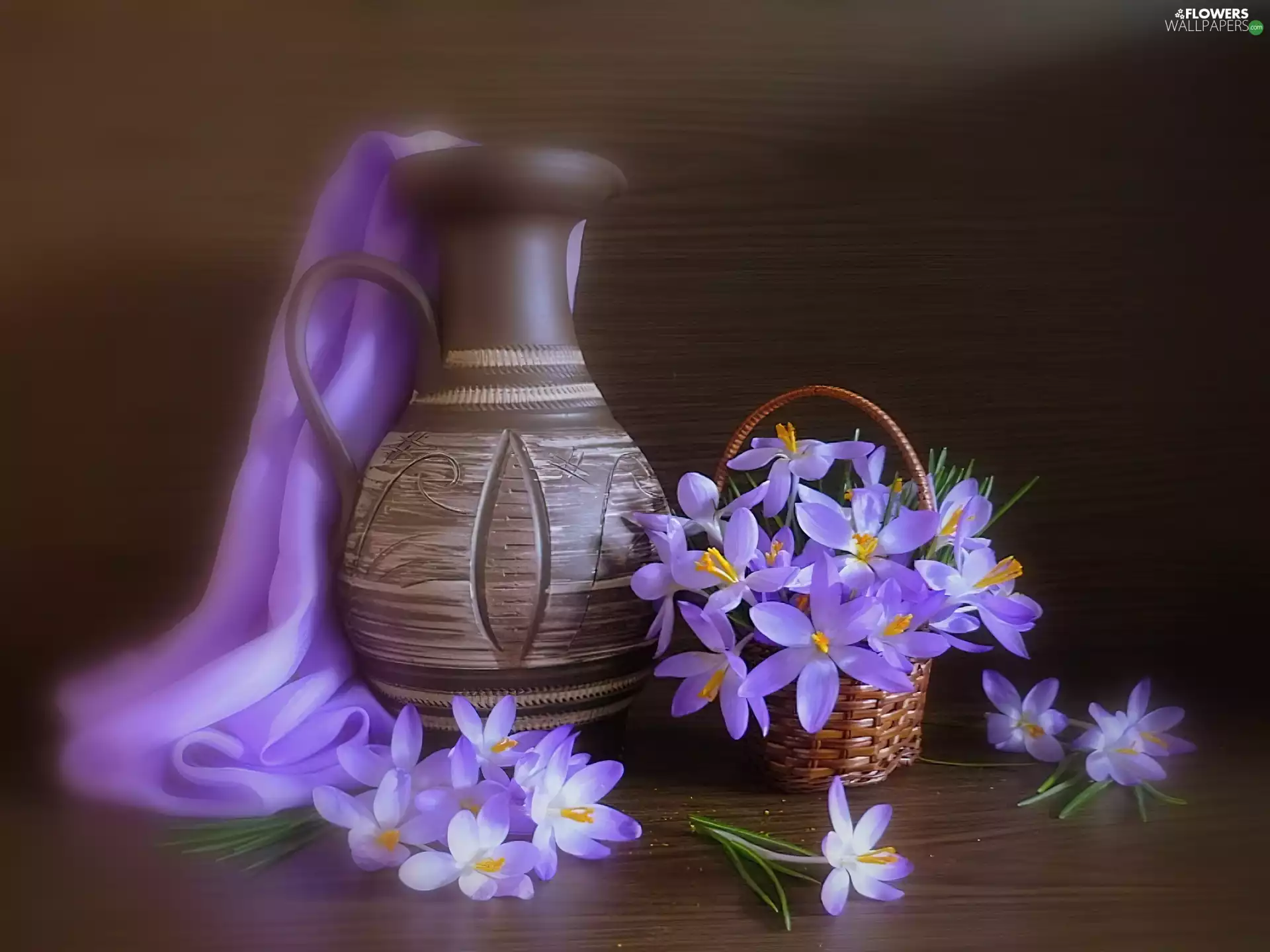 colchicum, purple, basket, composition, jug, Flowers