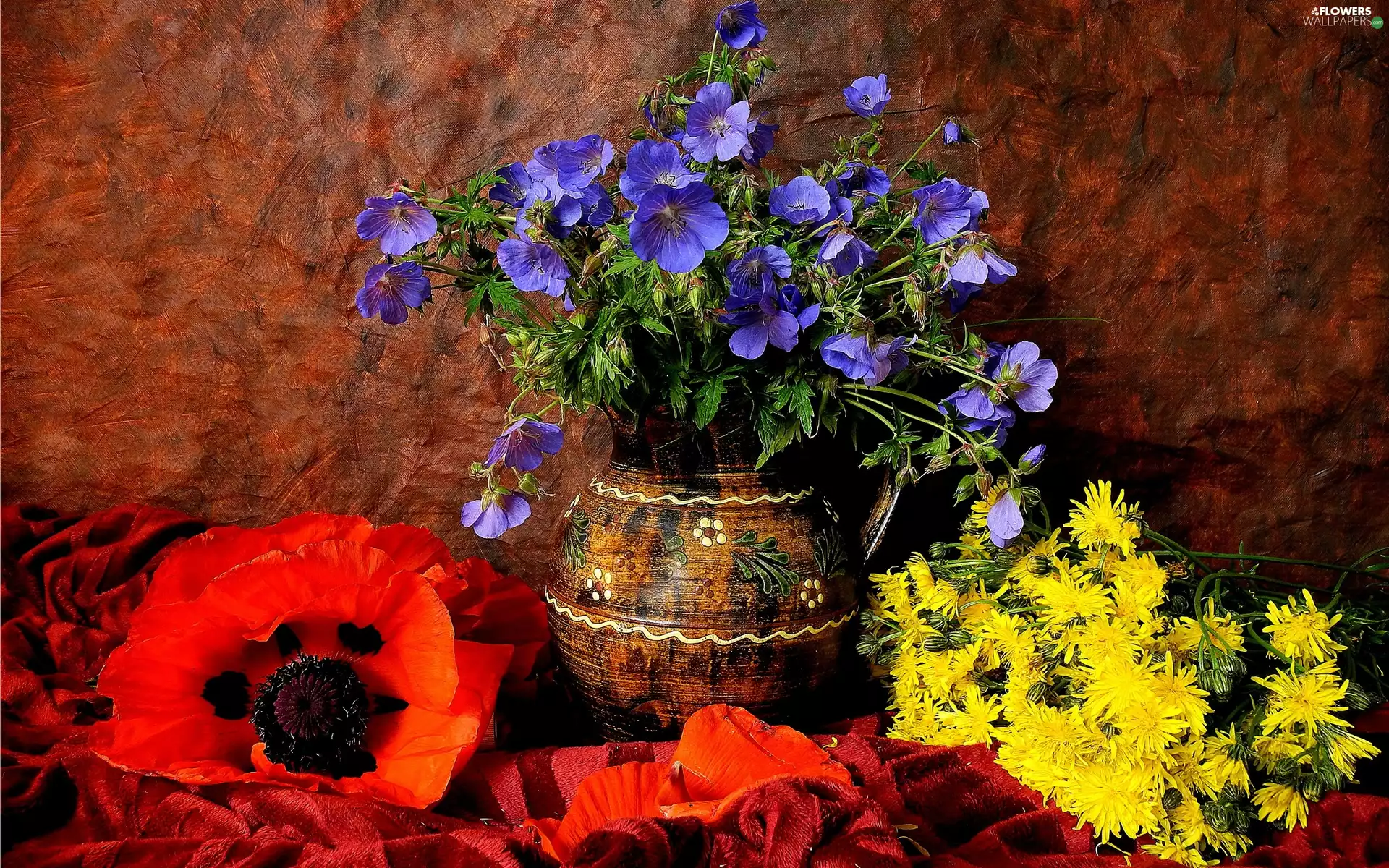 Vase, composition, flowers, papavers, Bouquets