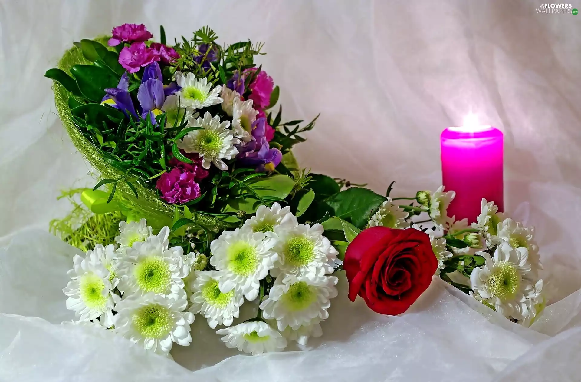 candle, composition, Flowers, bouquet, color