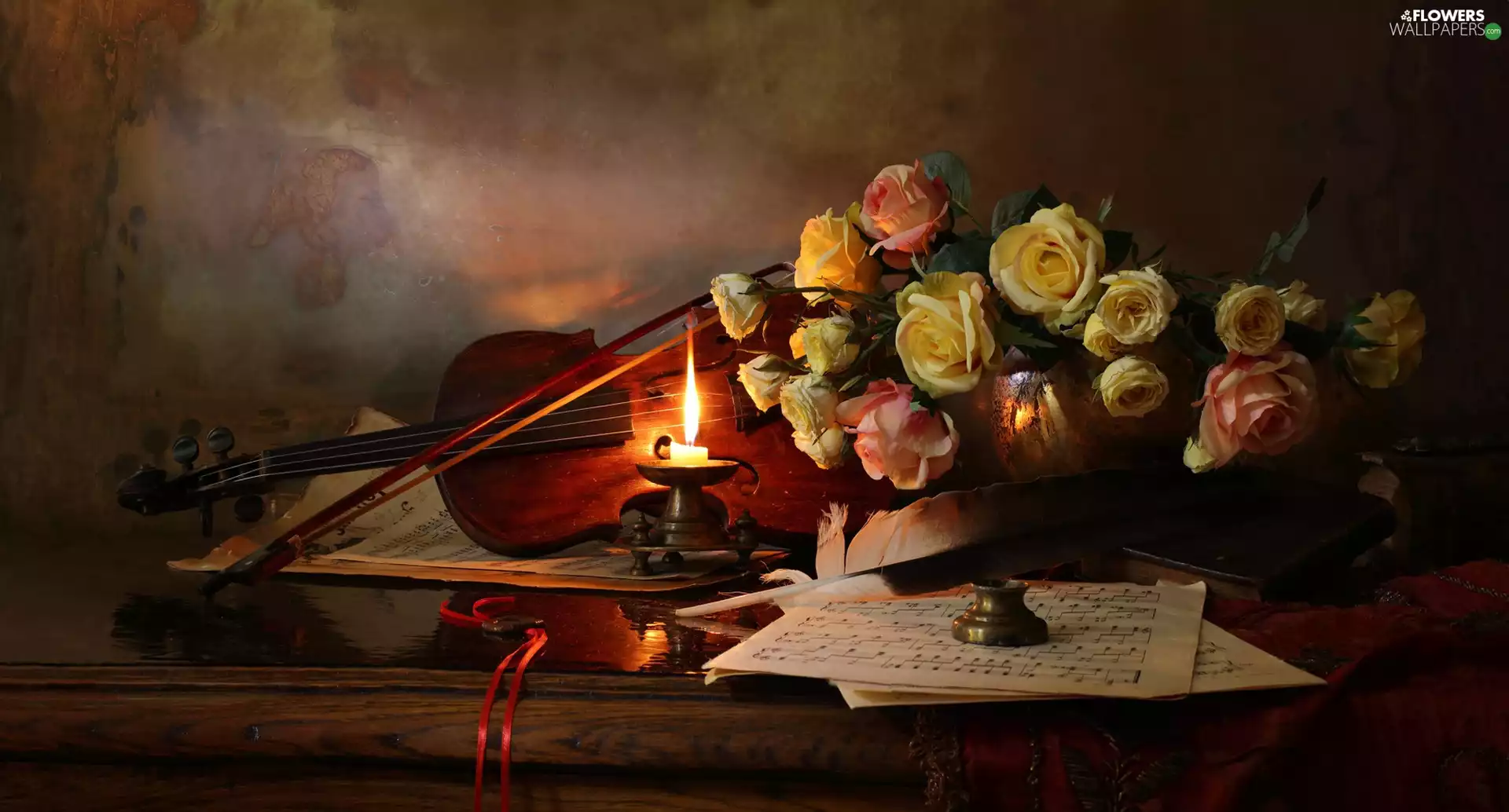roses, violin, Tunes, composition, candle, Flowers