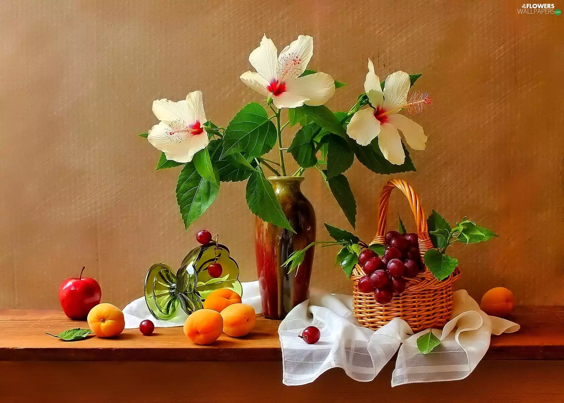 Flowers, different, basket, composition, bowl, Fruits