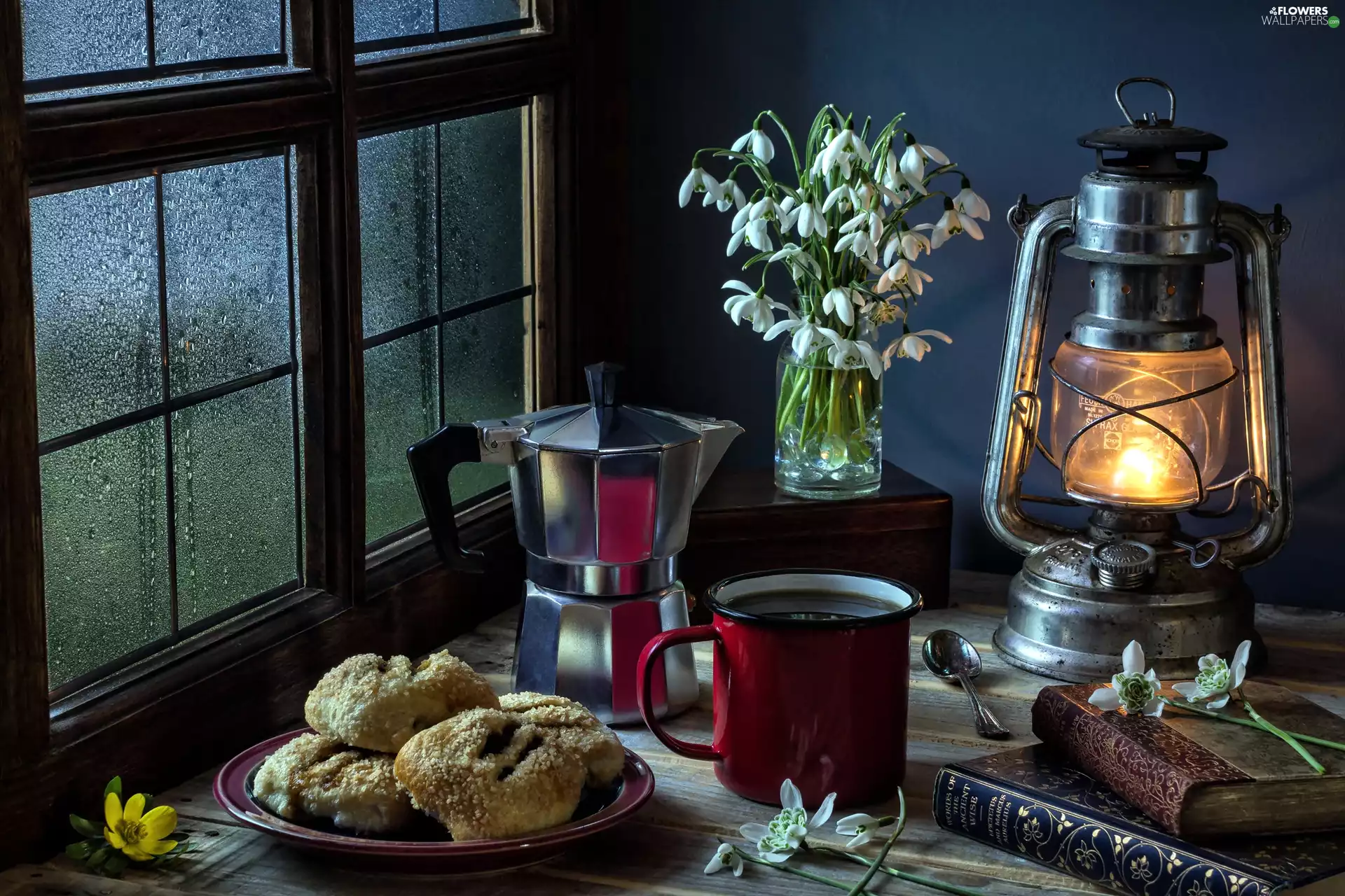 coffee, snowdrops, Buns, composition, Book, Lamp