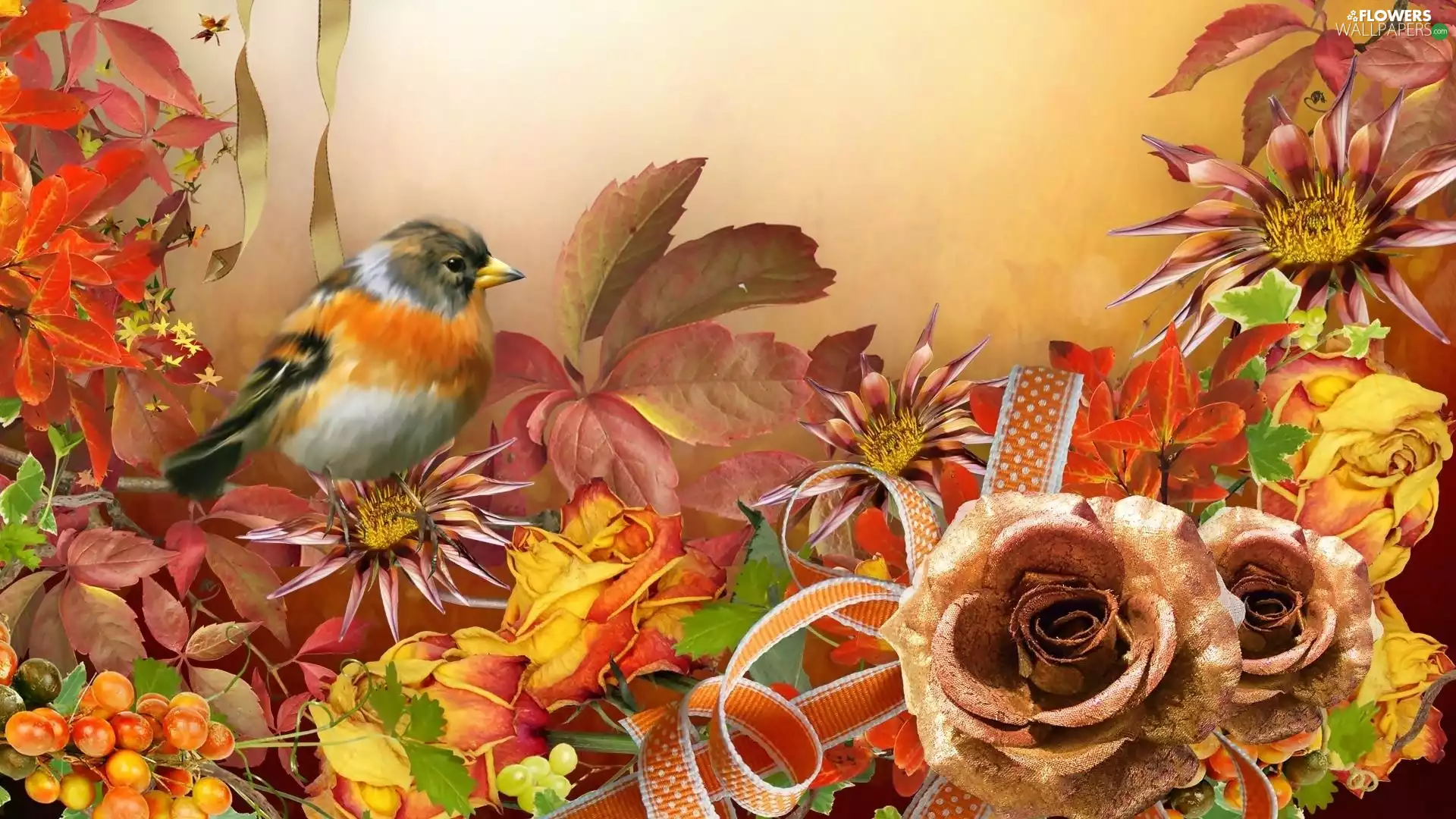 autumn, composition, Leaf, birdies, Flowers