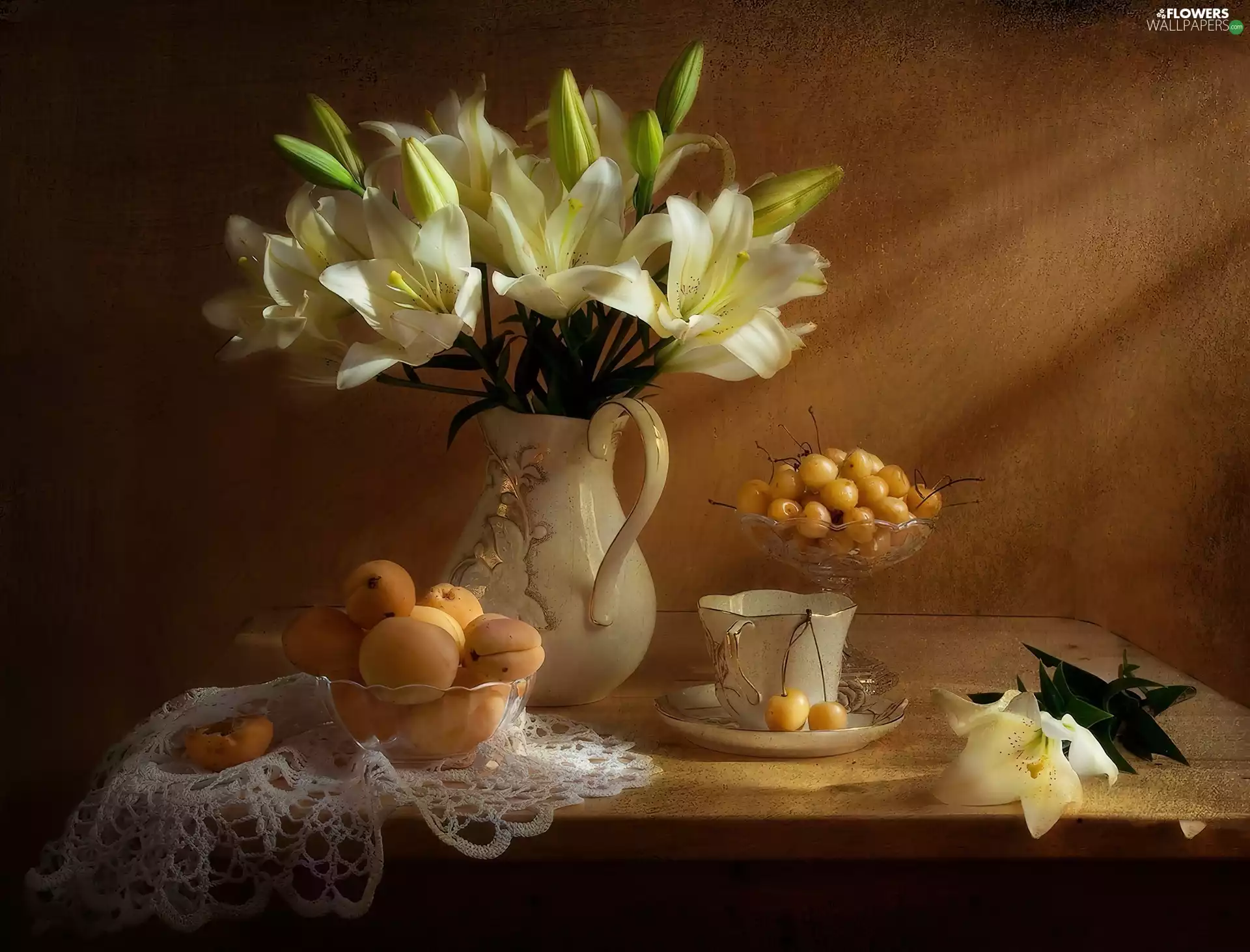 bouquet, White, apricots, composition, cherries, lilies