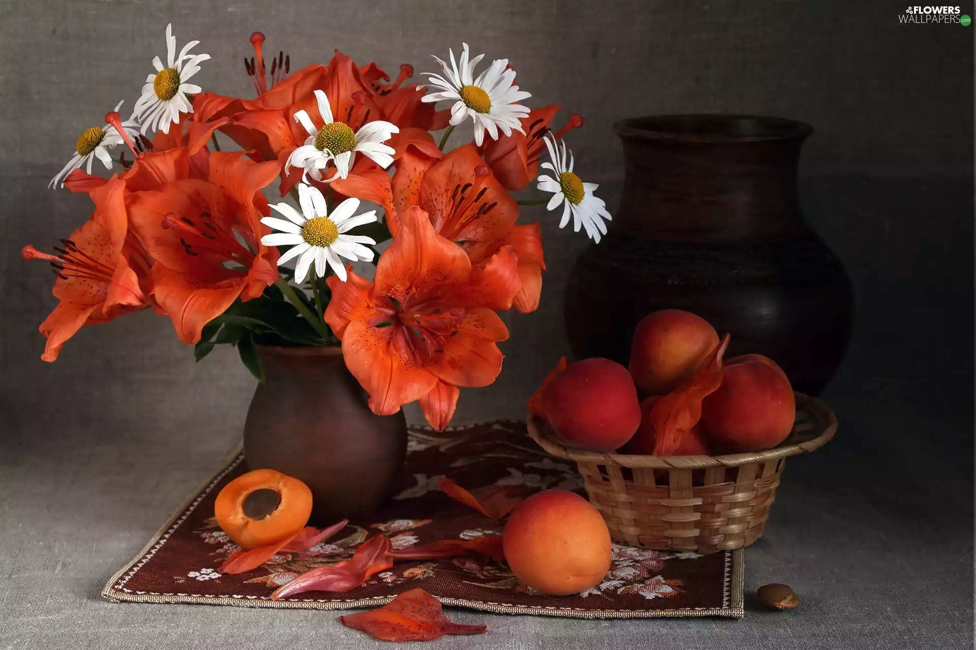 daisy, bouquet, apricots, composition, Vase, lilies