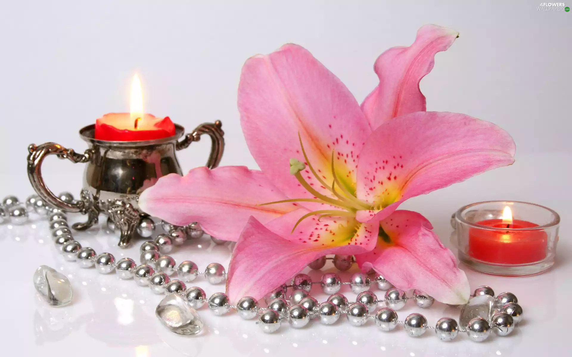 Pearl, Pink, Stones, composition, Candles, Lily