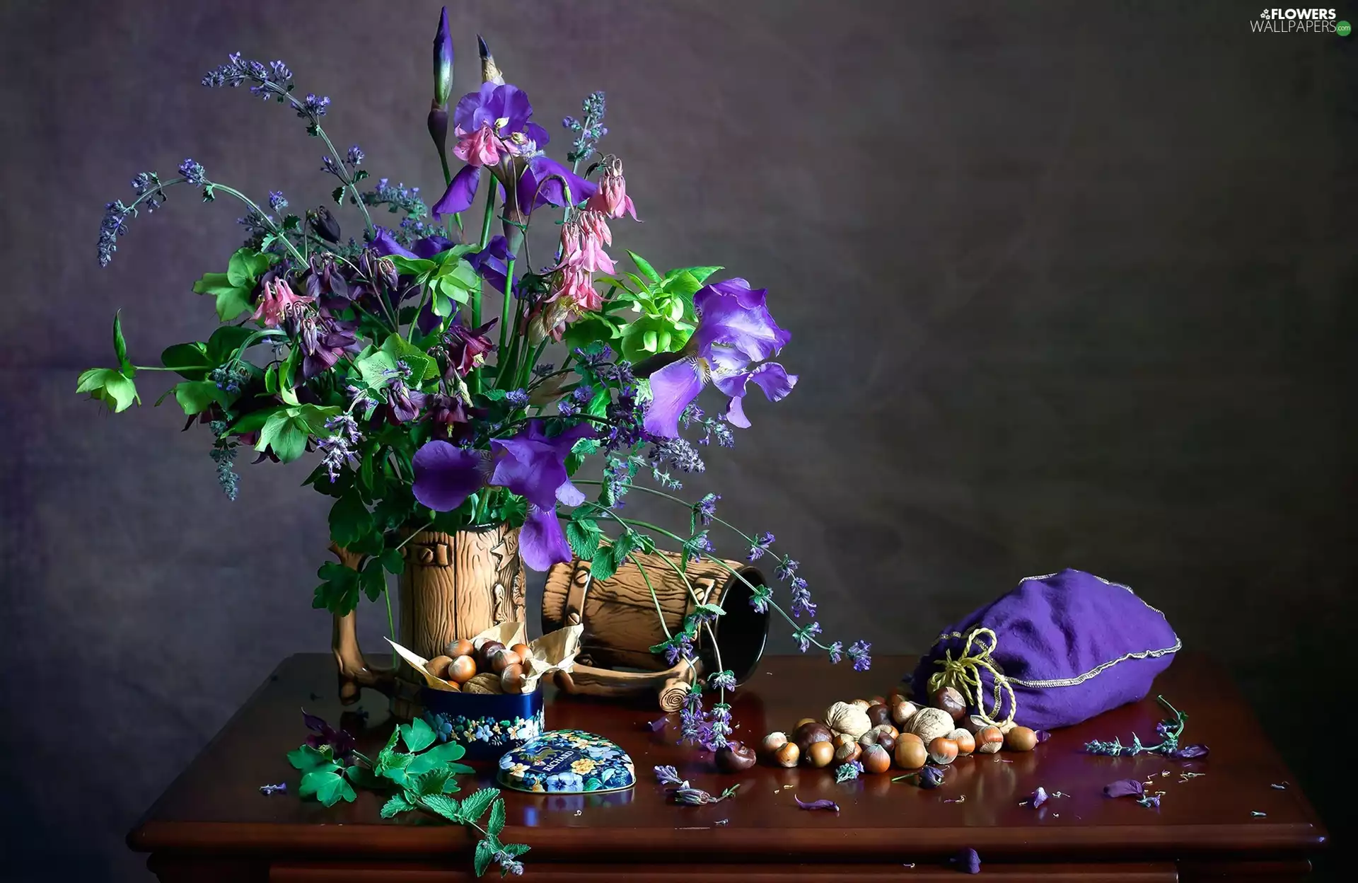 nuts, composition, Mugs, bouquet, Flowers
