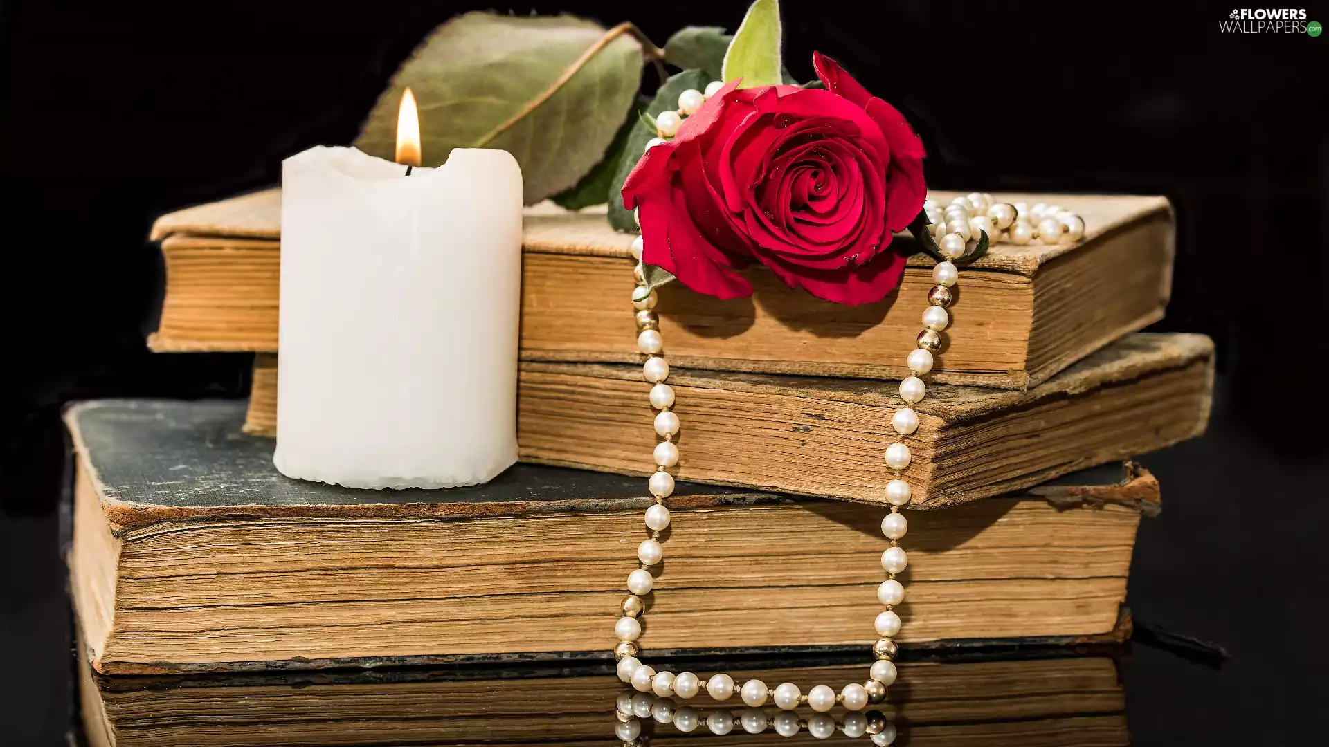rose, Candle, Pearl, Colourfull Flowers, Books, Necklace, composition