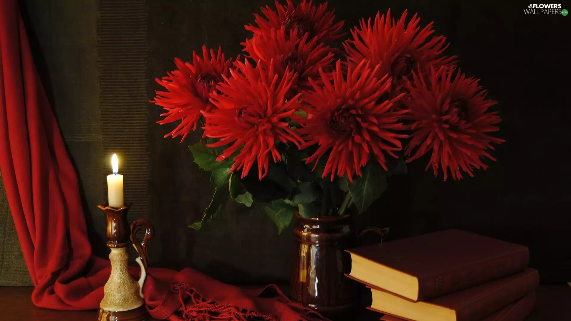 flowers, bouquet, candle, composition, Books, red
