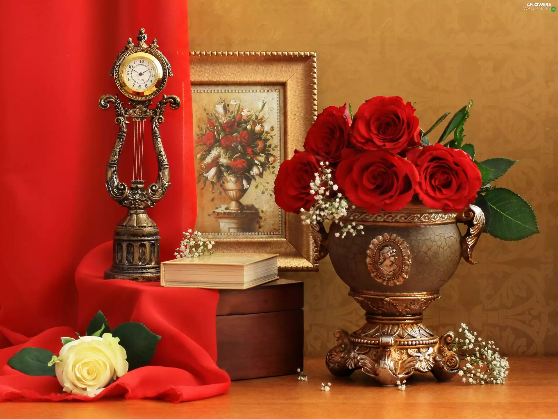 Book, composition, roses, Clock, Red