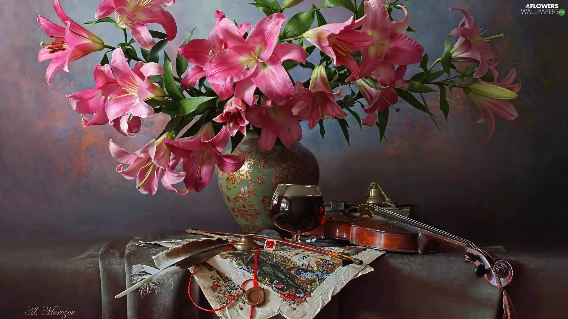 Wine, Vase, Table, violin, lilies, wine glass, composition