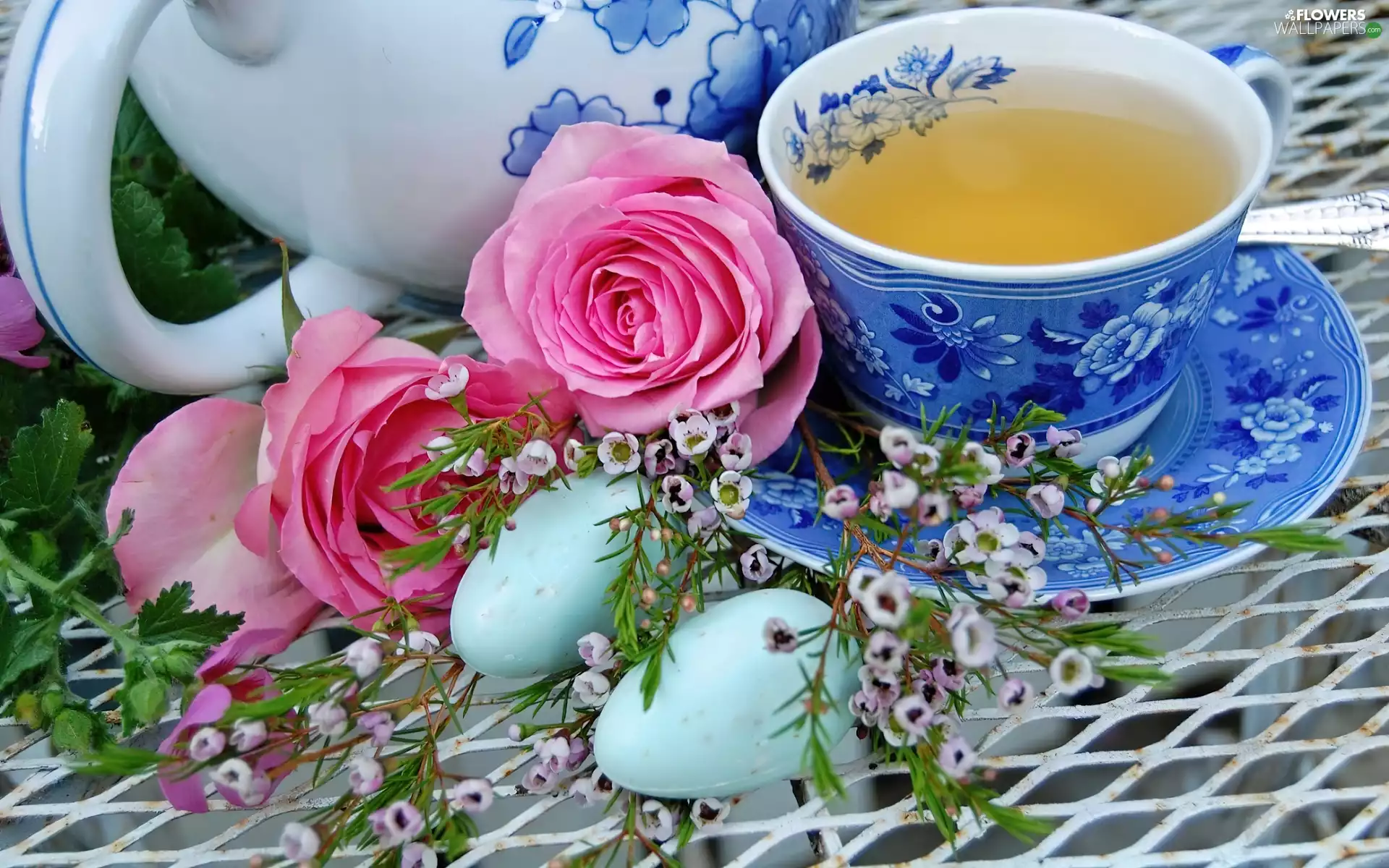 roses, composition, tea, jug, cup