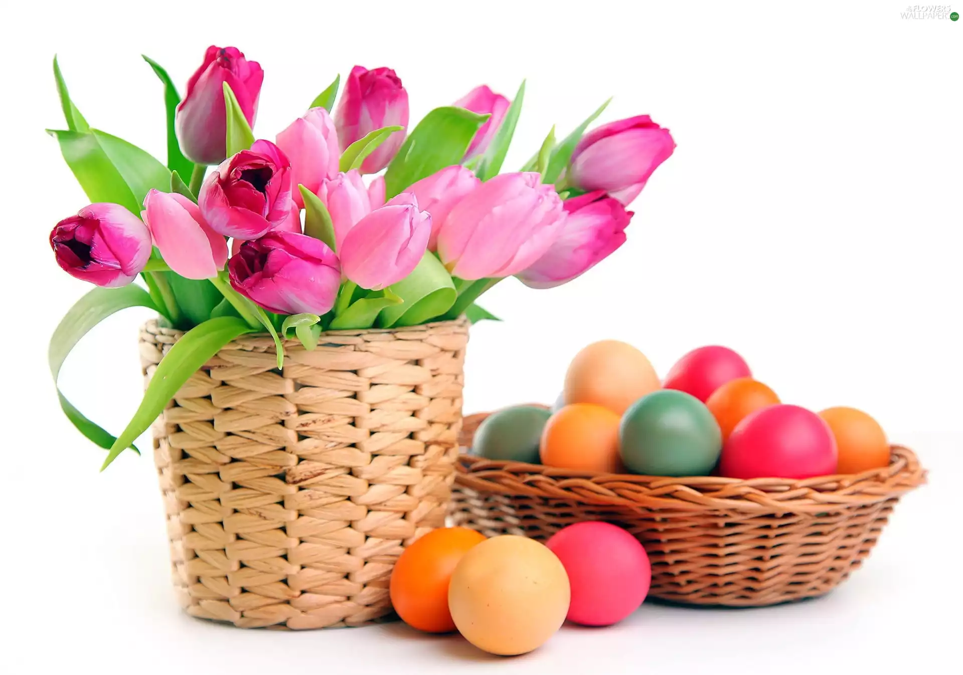Easter, composition, Tulips, eggs, Baskets