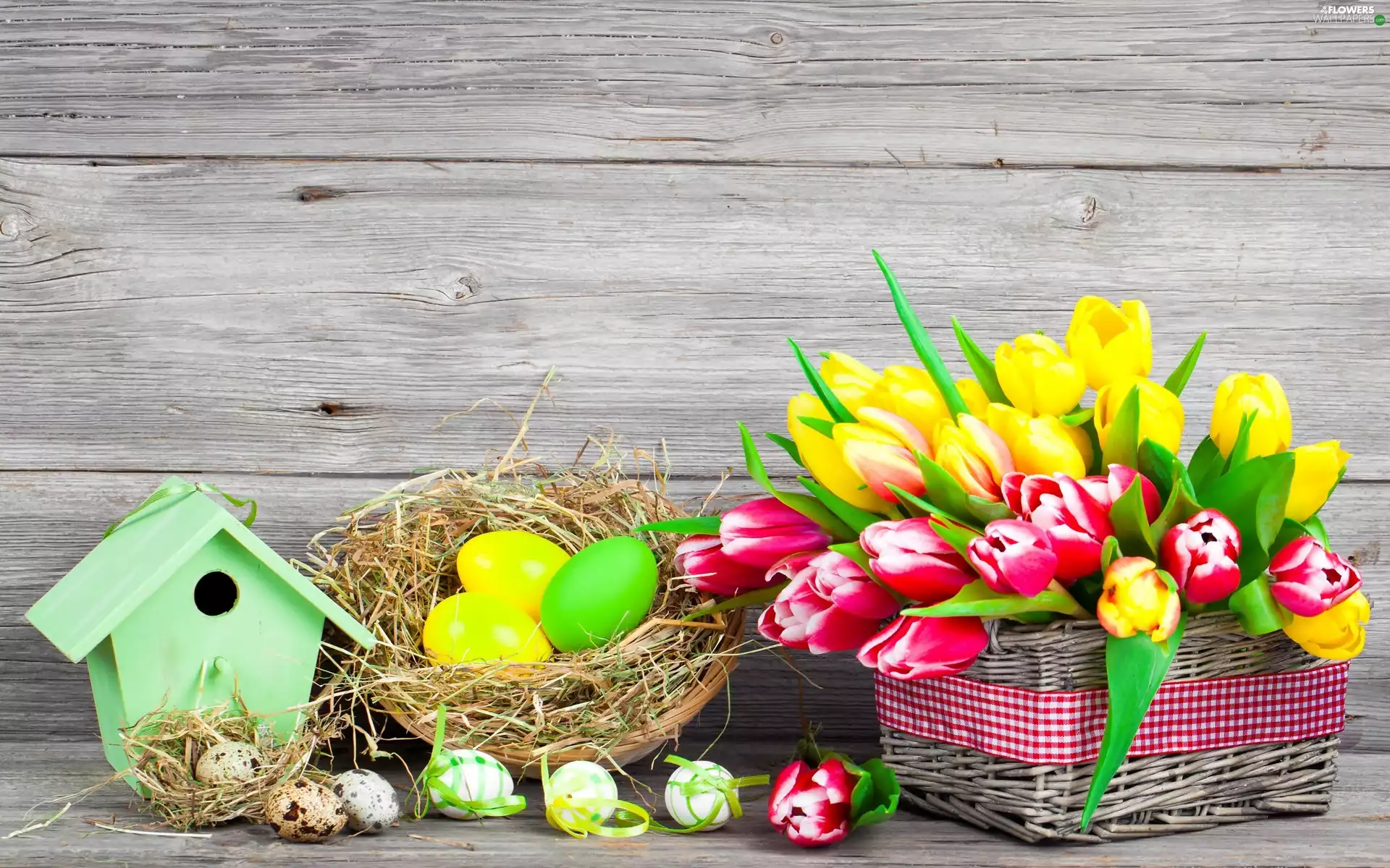 eggs, Baskets, Easter, composition, Hay, Tulips