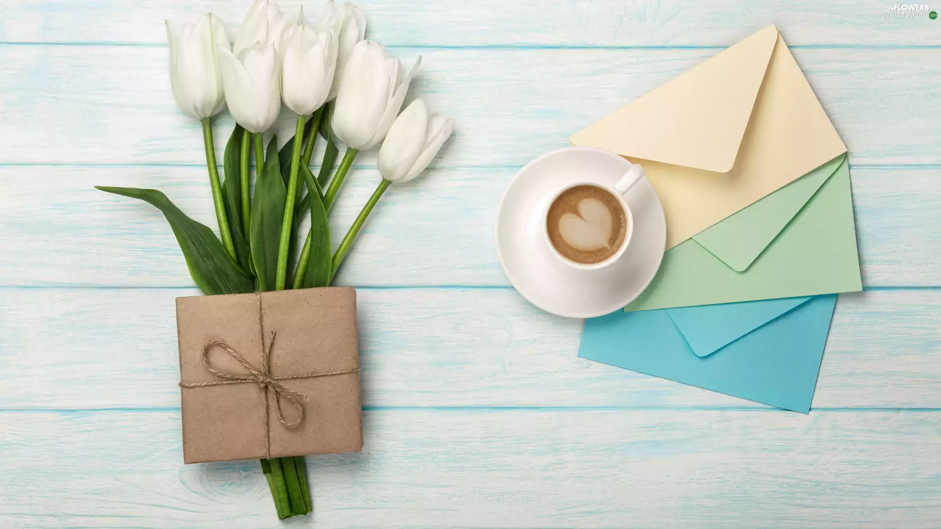 Present, White, Envelopes, composition, coffee, Tulips
