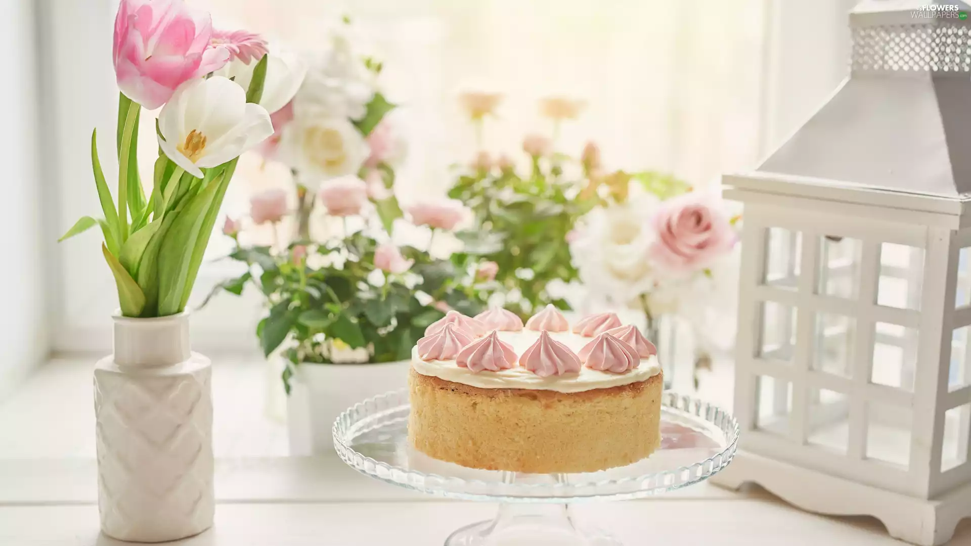 Cake, Flowers, lantern, composition, plateau, Tulips