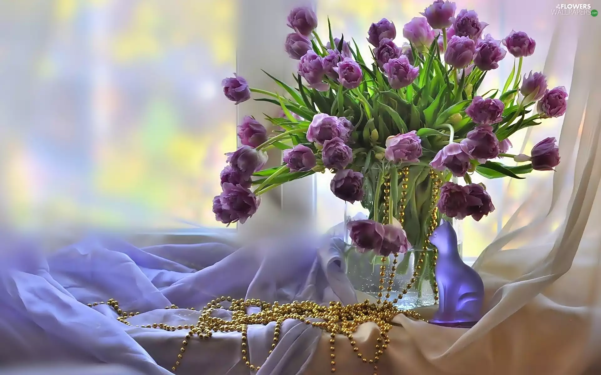 Window, bouquet, textile, composition, beads, Tulips