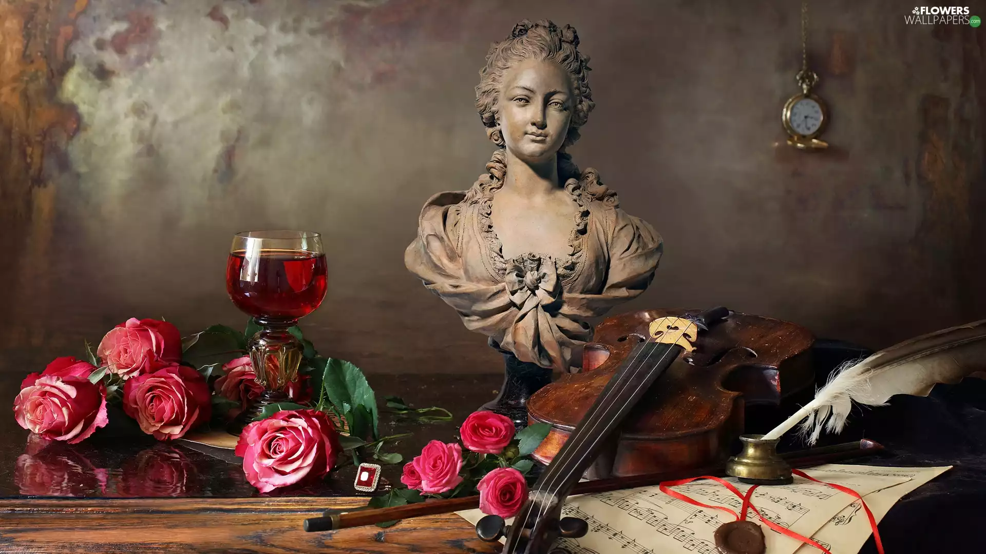 roses, composition, Tunes, bust, violin