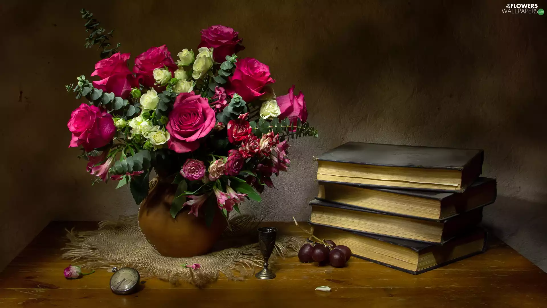 Table, composition, Vase, Books, roses
