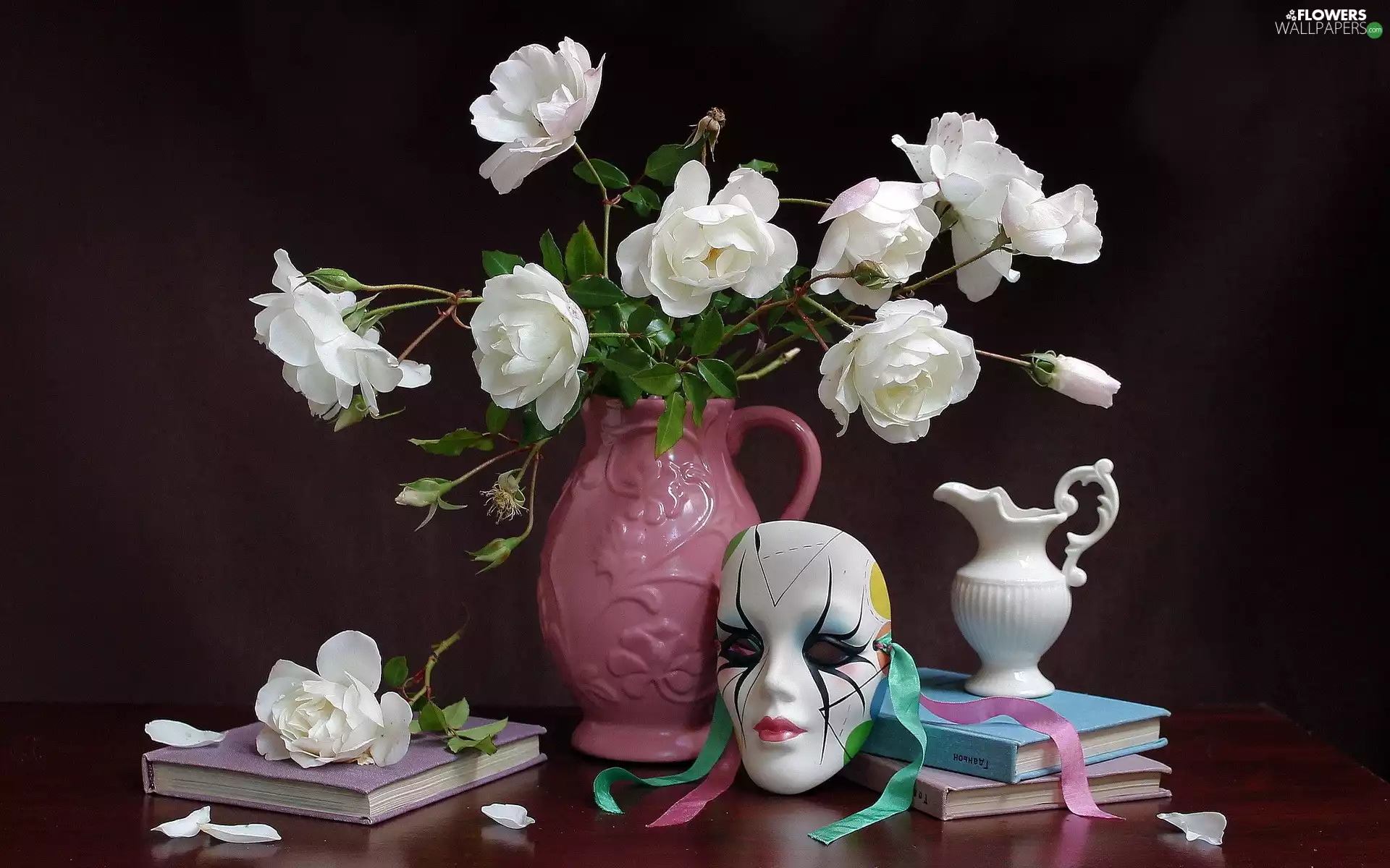 rouge, bouquet, Books, composition, Mask, white