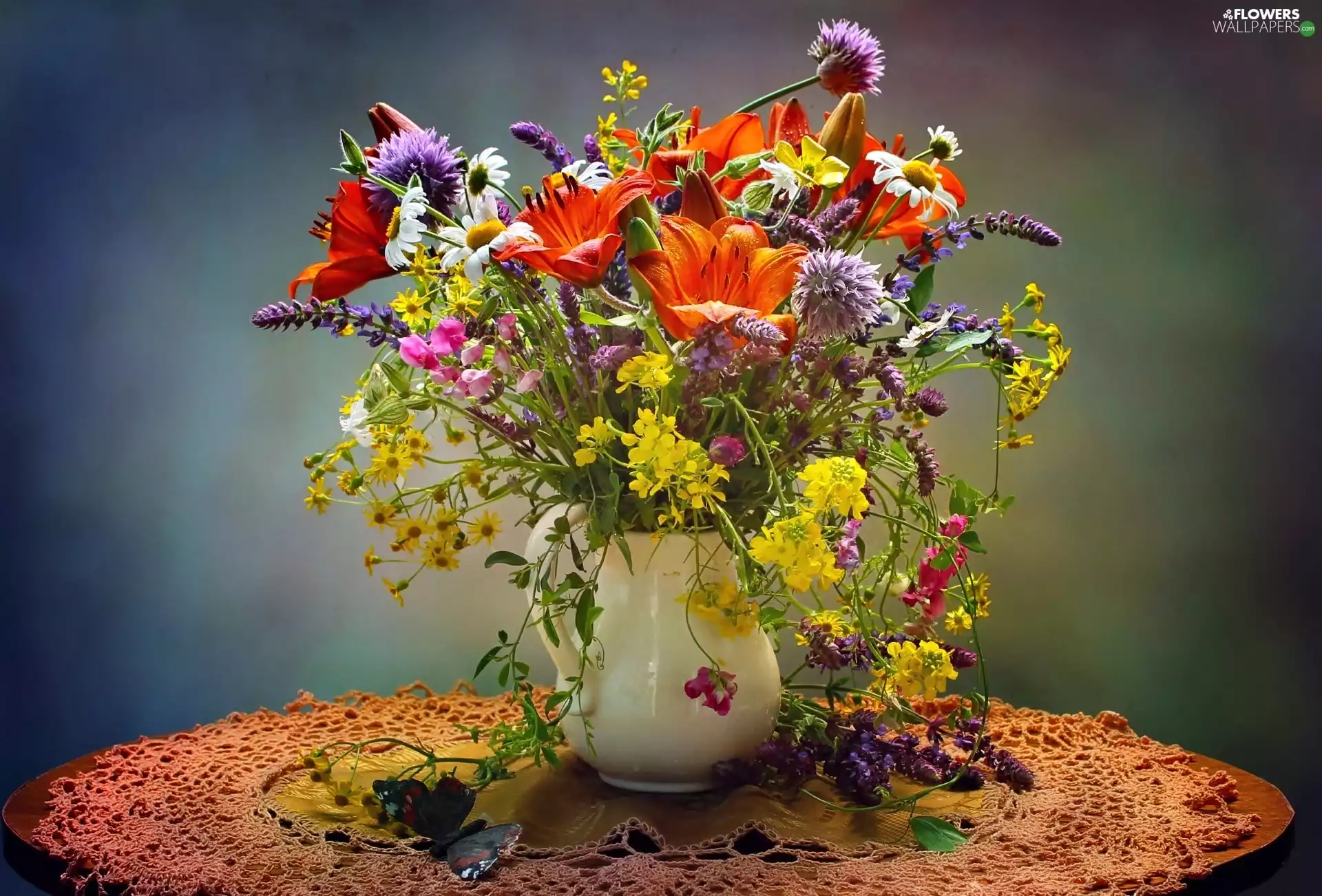 flowers, bouquet, butterfly, composition, jug, wild